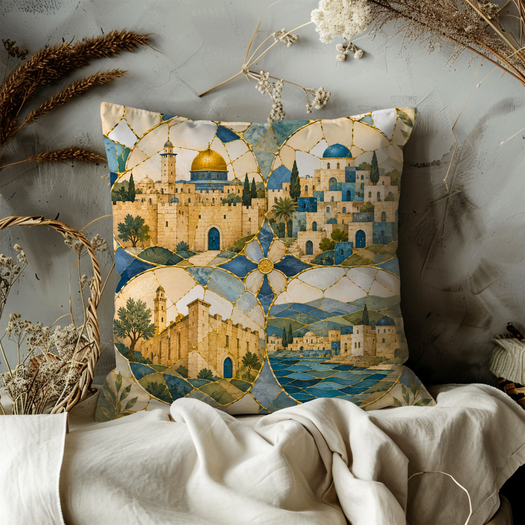 Four Holy Cities Pillow Cover | Jerusalem Hebron Tiberias Safed Art | Spiritual Decor