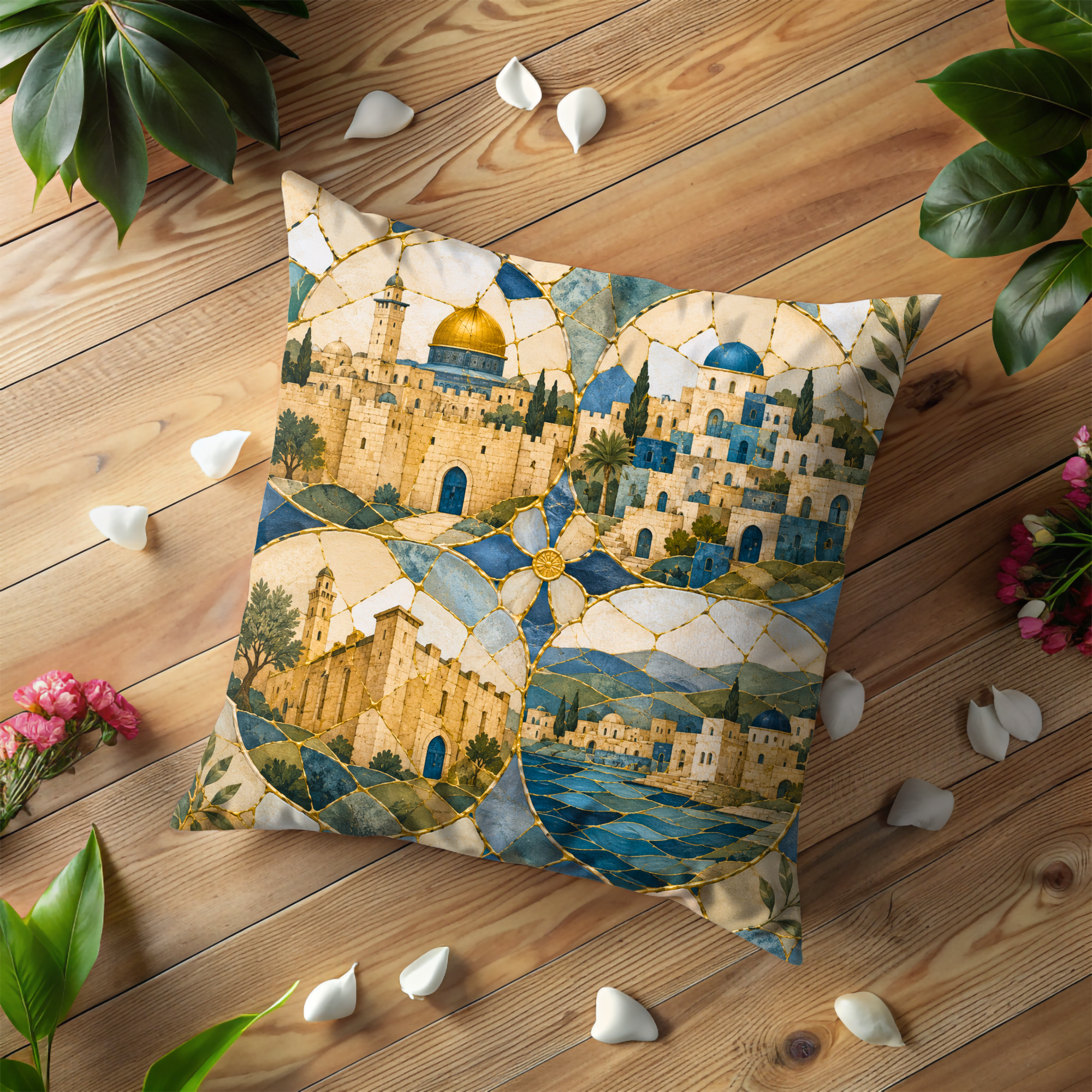 Four Holy Cities Pillow Cover | Jerusalem Hebron Tiberias Safed Art | Spiritual Decor