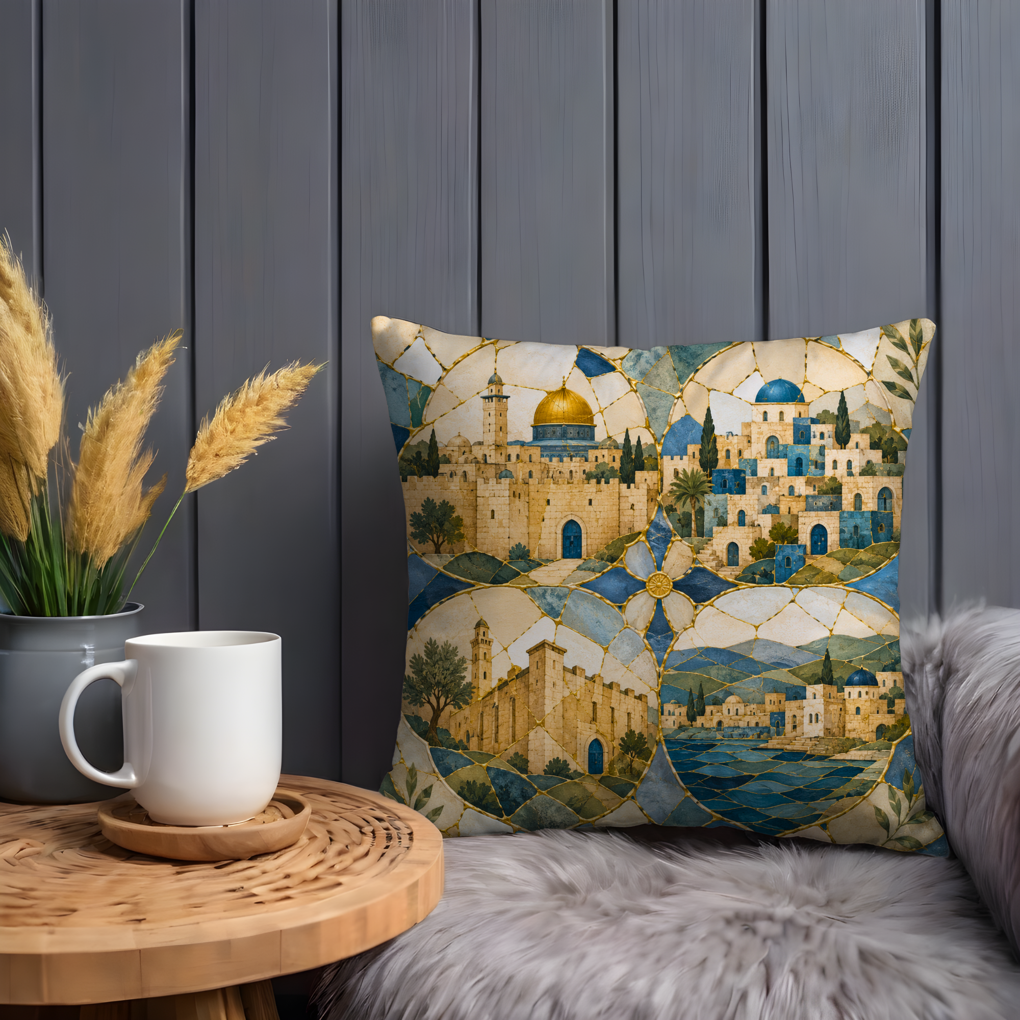 Four Holy Cities Pillow Cover | Jerusalem Hebron Tiberias Safed Art | Spiritual Decor