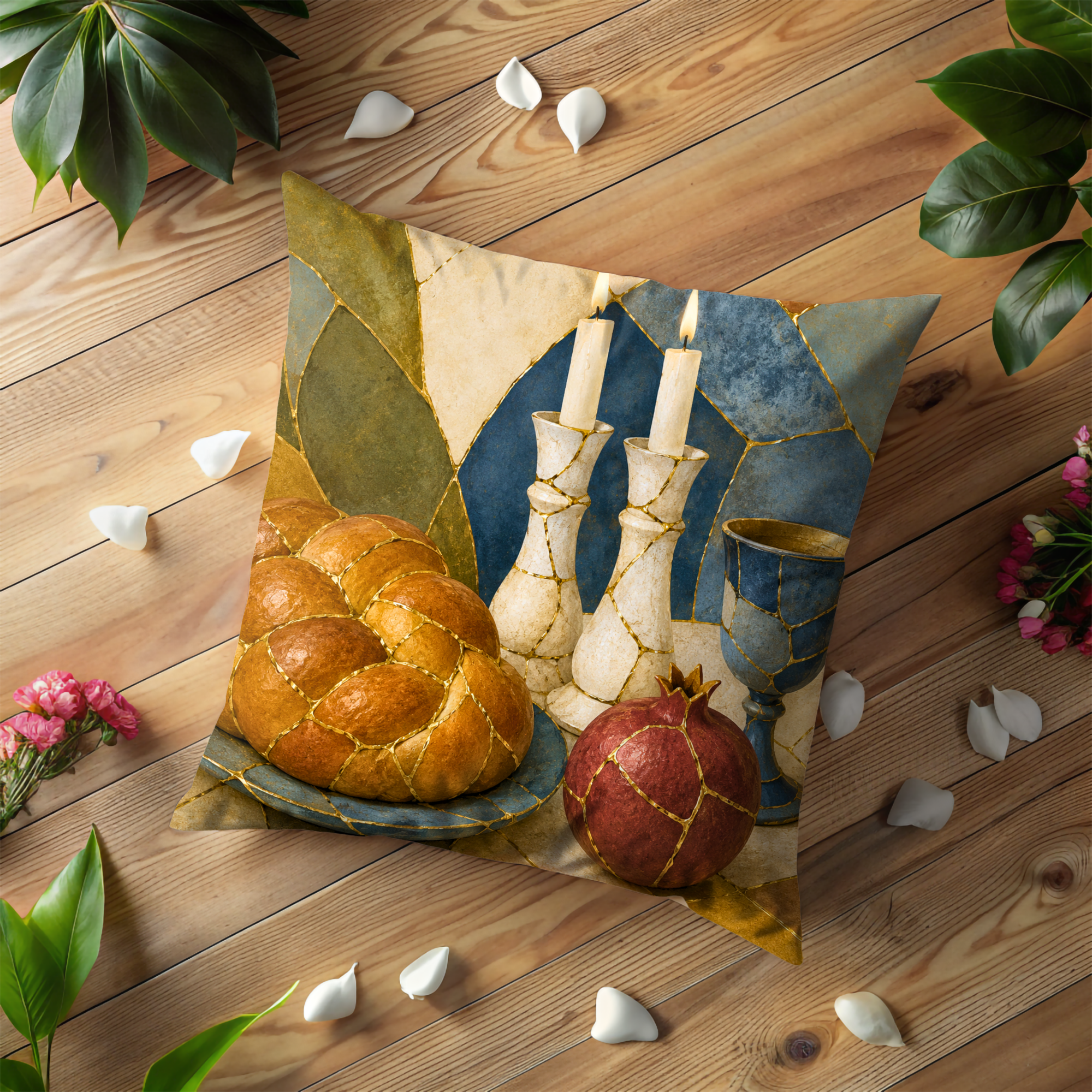Shabbat Table Pillow Cover | Challah Candles Art | Jewish Spiritual Decor