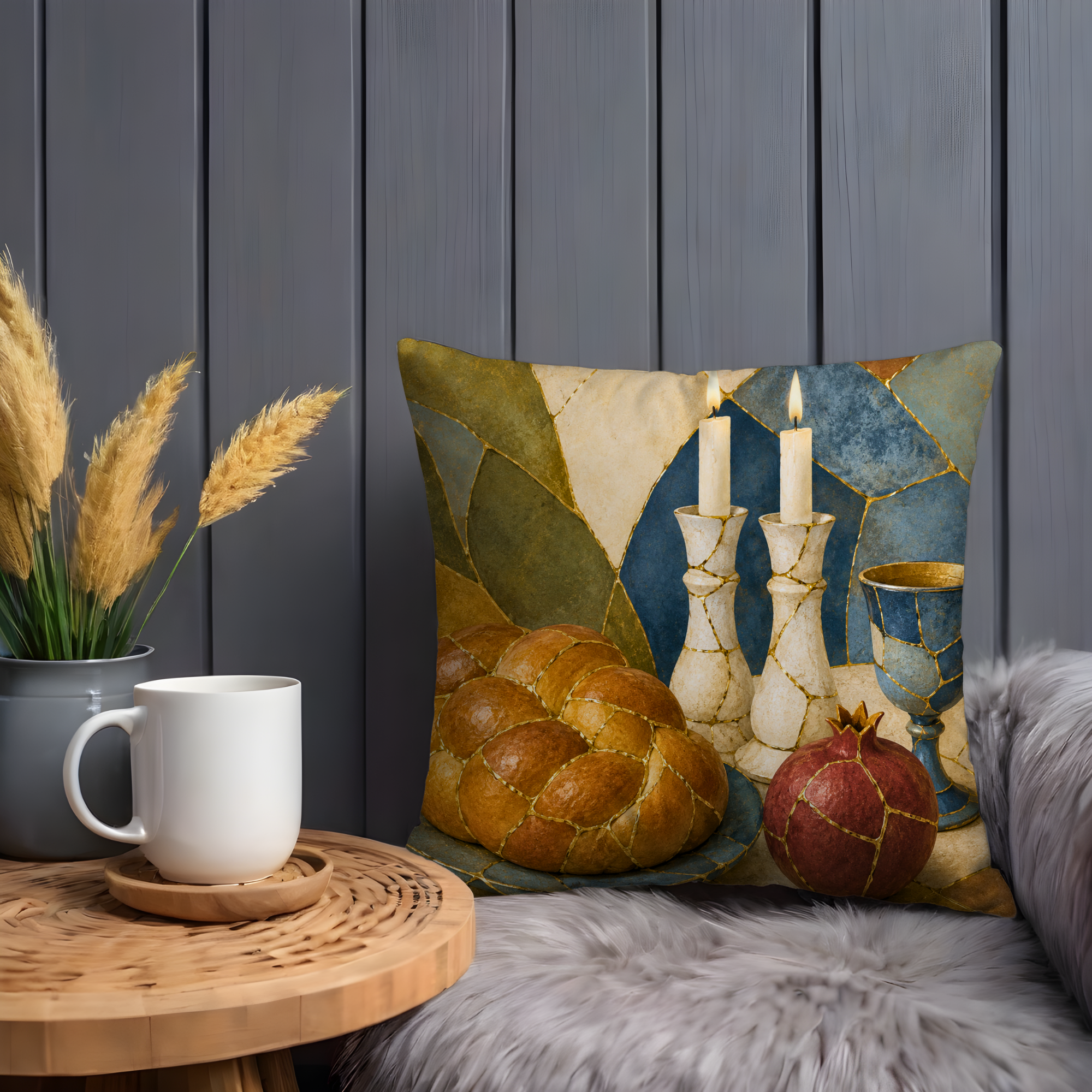 Shabbat Table Pillow Cover | Challah Candles Art | Jewish Spiritual Decor
