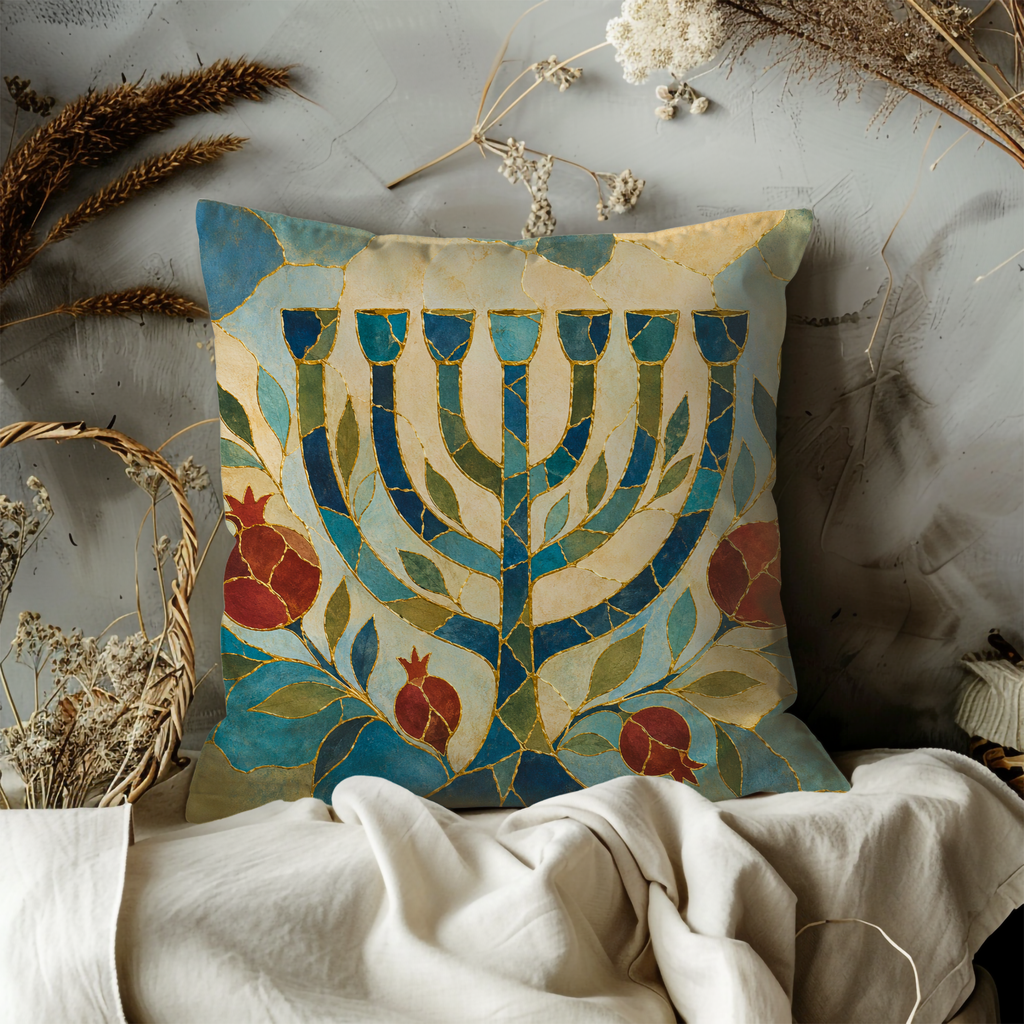 Menorah Pomegranate Pillow Cover | Kintsugi Jewish Art | Spiritual Decor