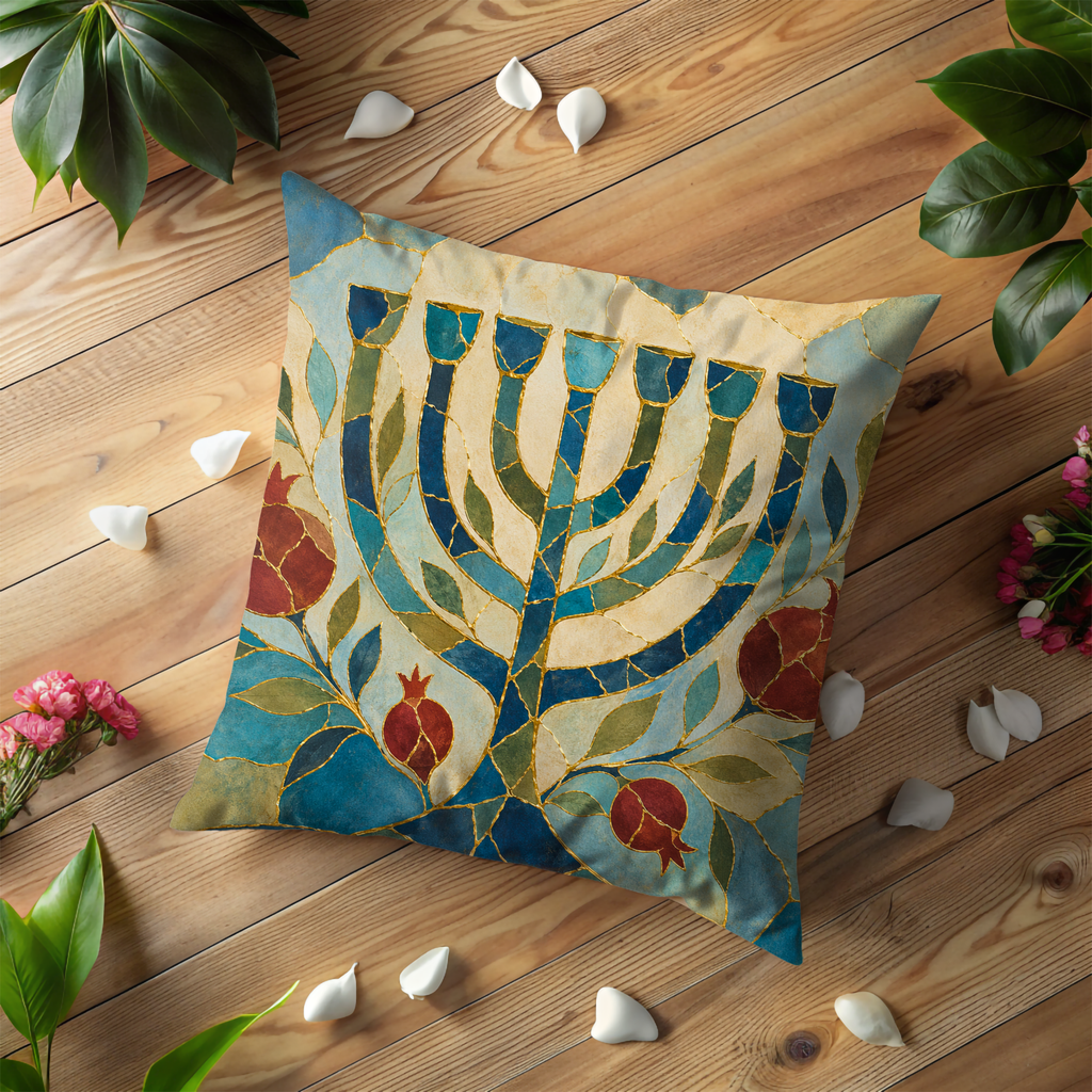 Menorah Pomegranate Pillow Cover | Kintsugi Jewish Art | Spiritual Decor