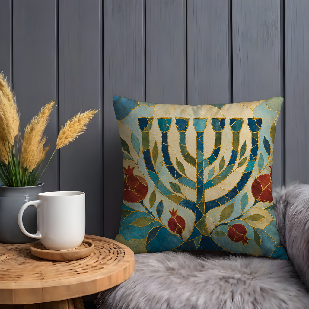 Menorah Pomegranate Pillow Cover | Kintsugi Jewish Art | Spiritual Decor