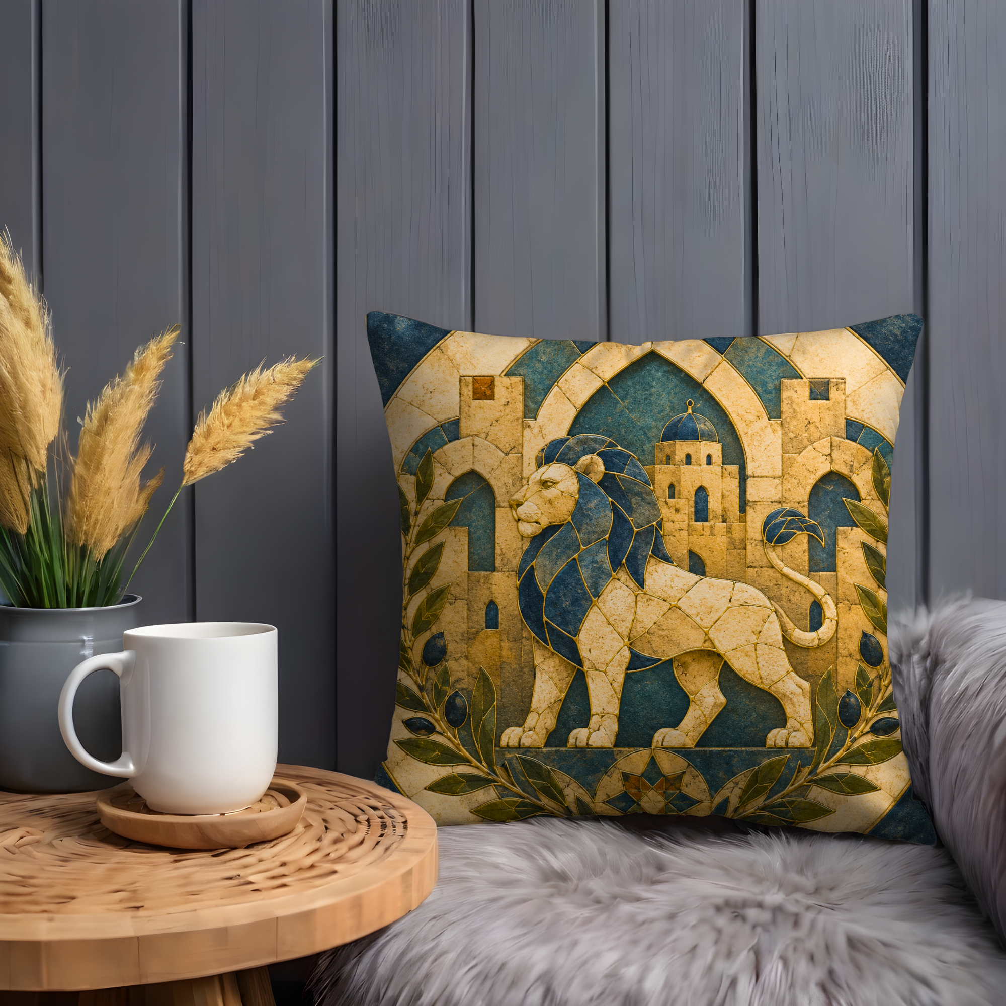 Jerusalem Lion Pillow Cover | Kintsugi Israeli Art | Spiritual Decor