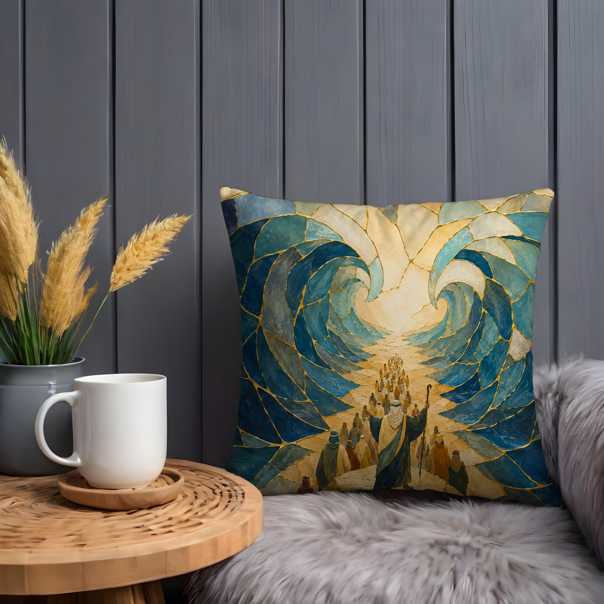 Red Sea Crossing Pillow Cover | Biblical Kintsugi Art | Spiritual Decor