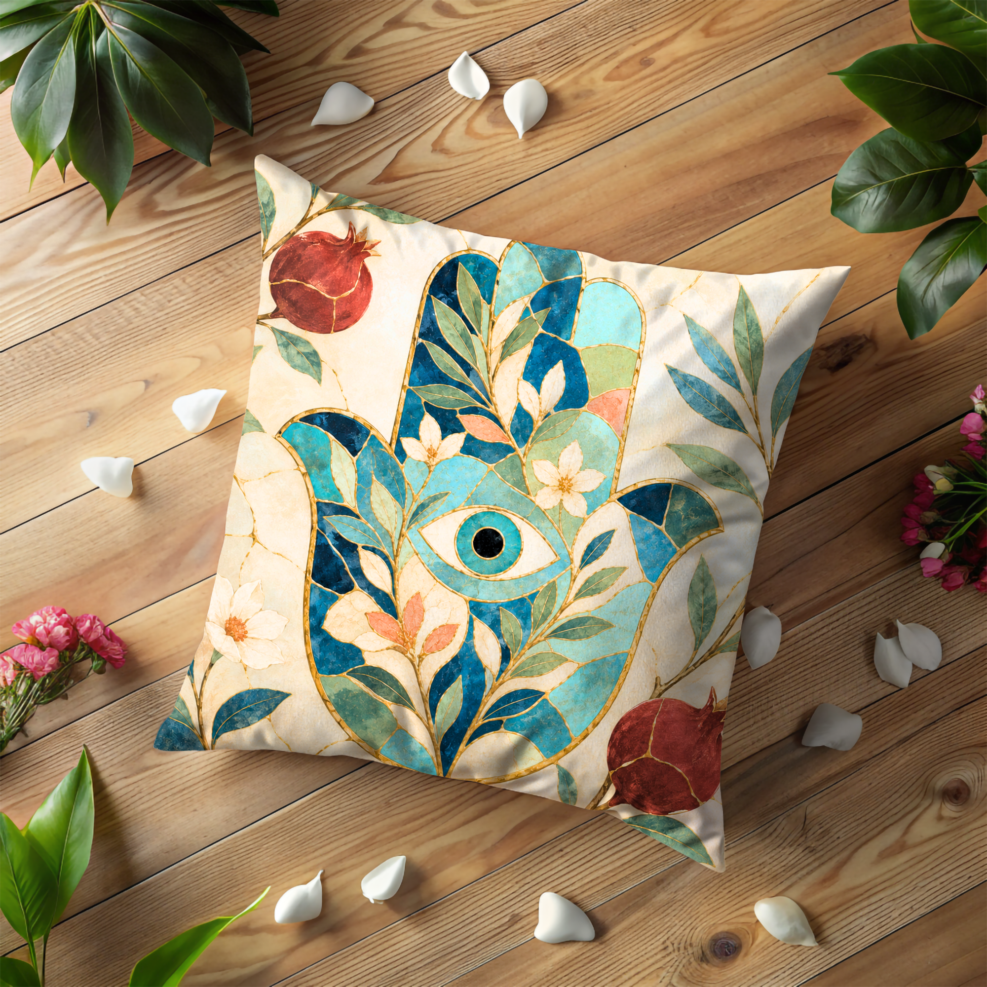Hamsa Eye Pillow Cover | Pomegranate Spiritual Art | Protective Decor