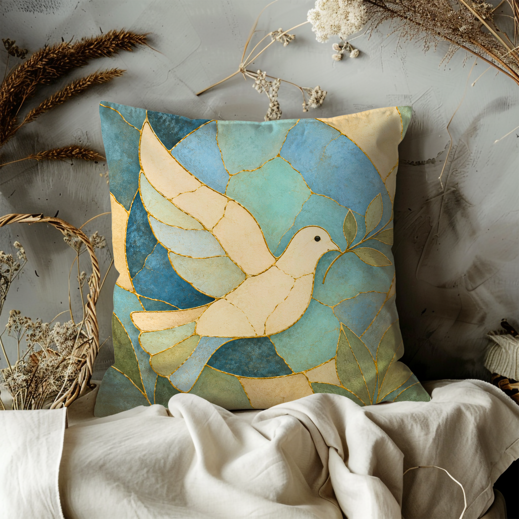 Dove of Peace Pillow Cover | Kintsugi Spiritual Art | Calm Decor