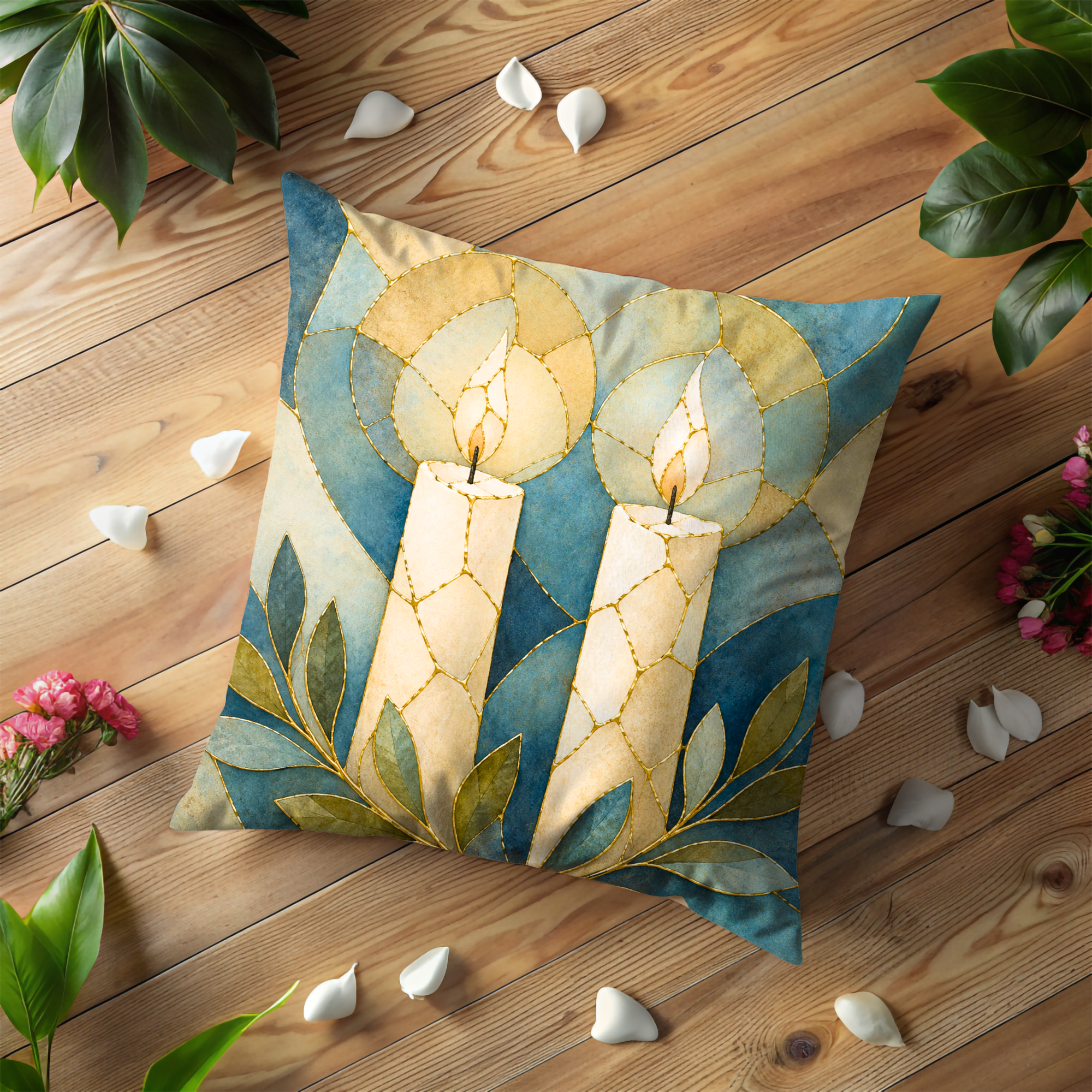 Shabbat Candles Pillow Cover | Jewish Spiritual Art | Calm Decor