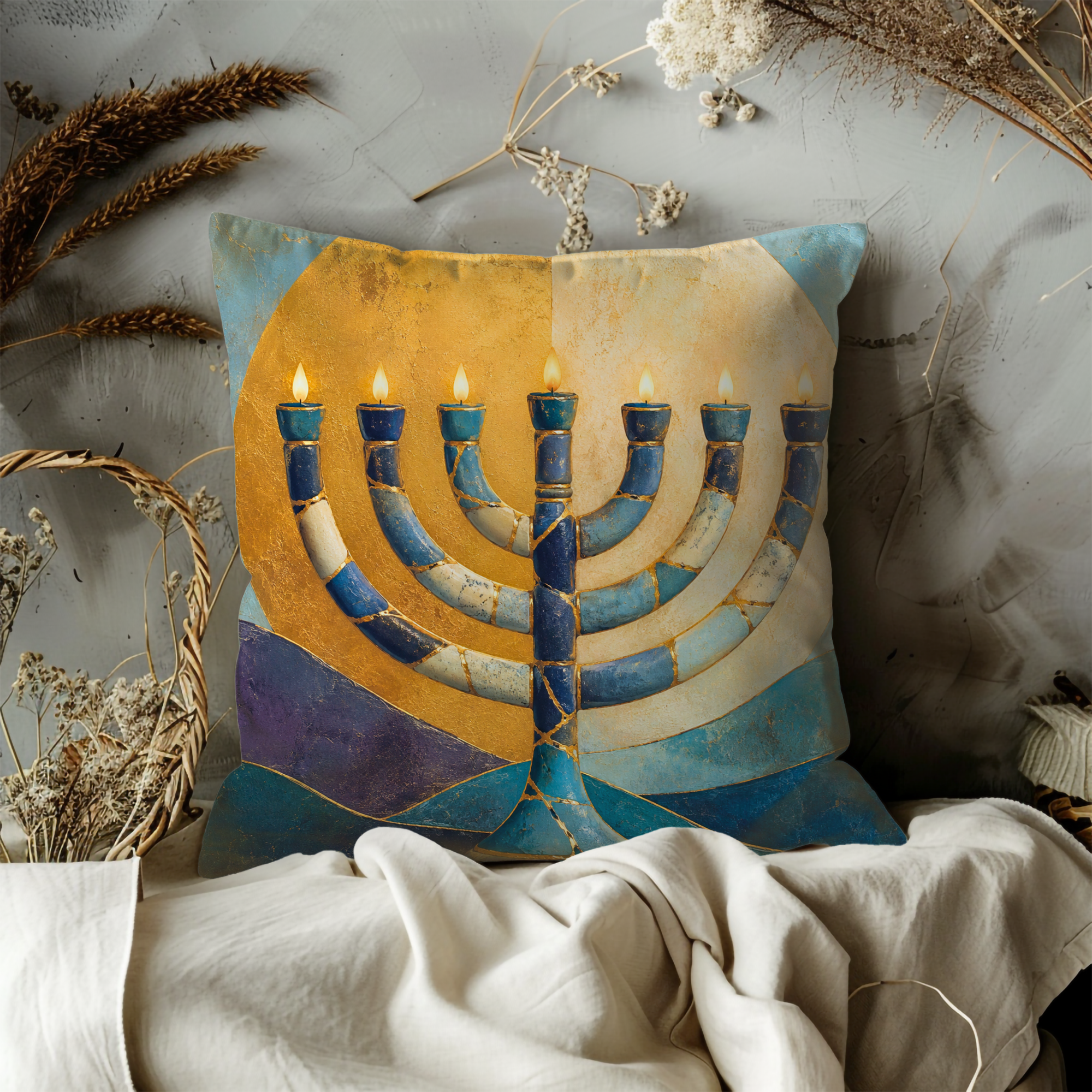Menorah Kintsugi Pillow Cover | Jewish Spiritual Art | Modern Decor