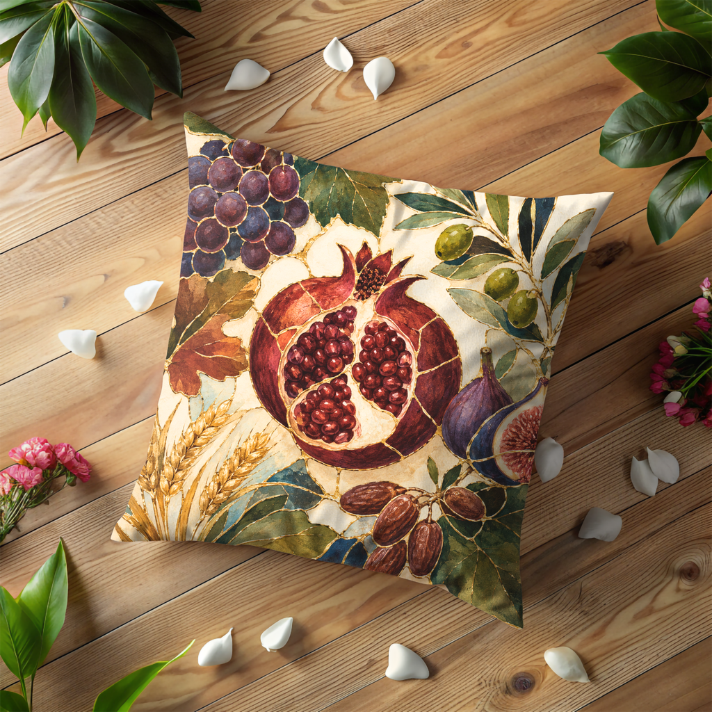 Pomegranate Fruits Pillow Cover | Gold Mediterranean Art | Luxe Botanical Decor