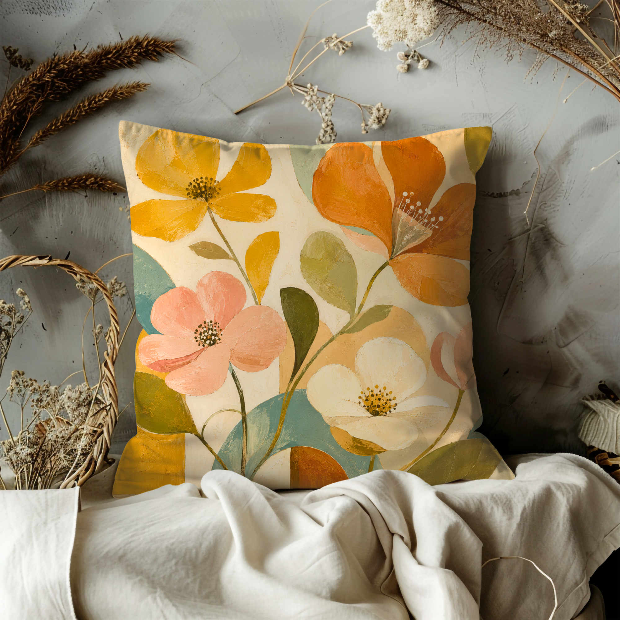 Abstract Florals Pillow Cover | Modern Botanical Art | Warm Decor