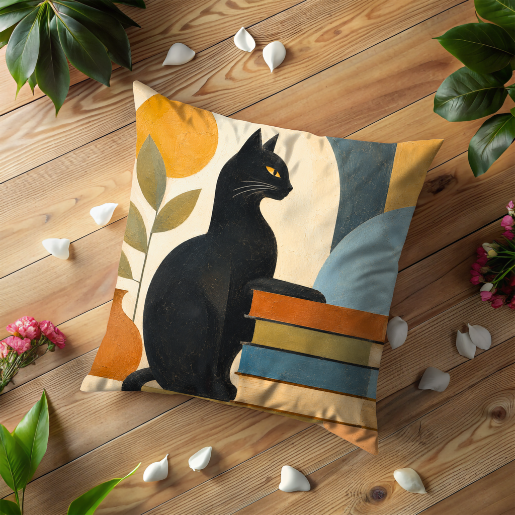 Black Cat Books Pillow Cover | Modern Abstract Art | Geometric Decor