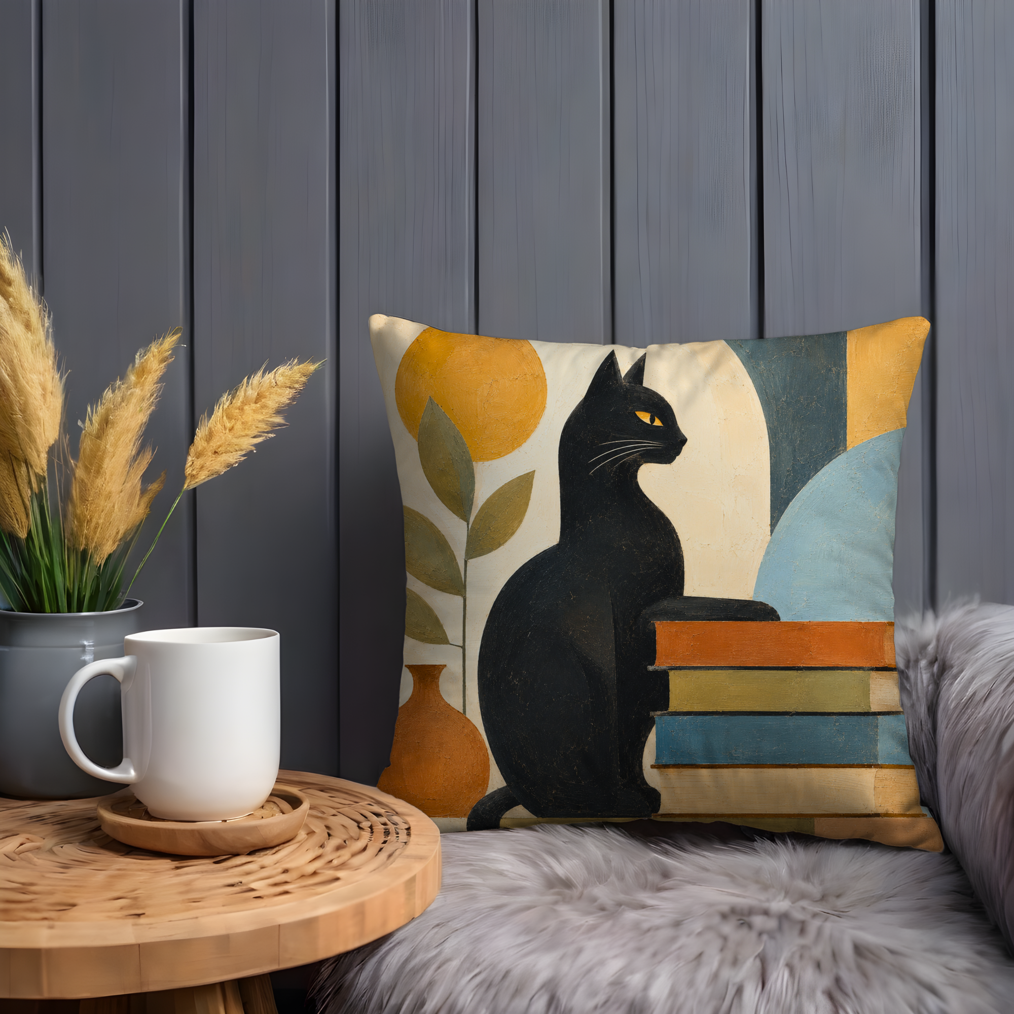 Black Cat Books Pillow Cover | Modern Abstract Art | Geometric Decor