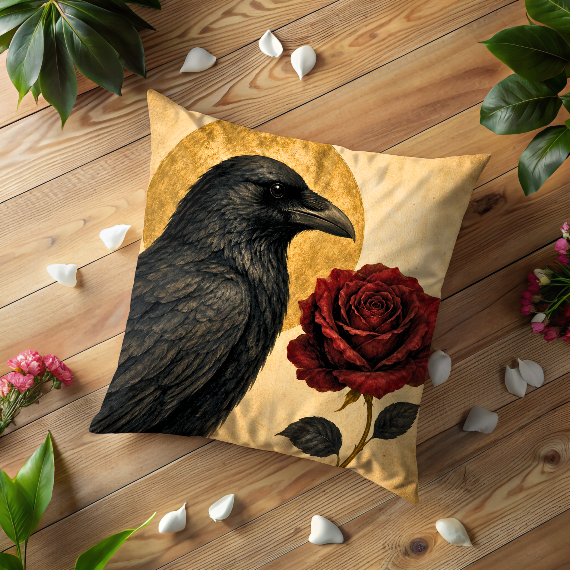 Raven Rose Pillow Cover | Gothic Moon Art | Dark Romantic Decor