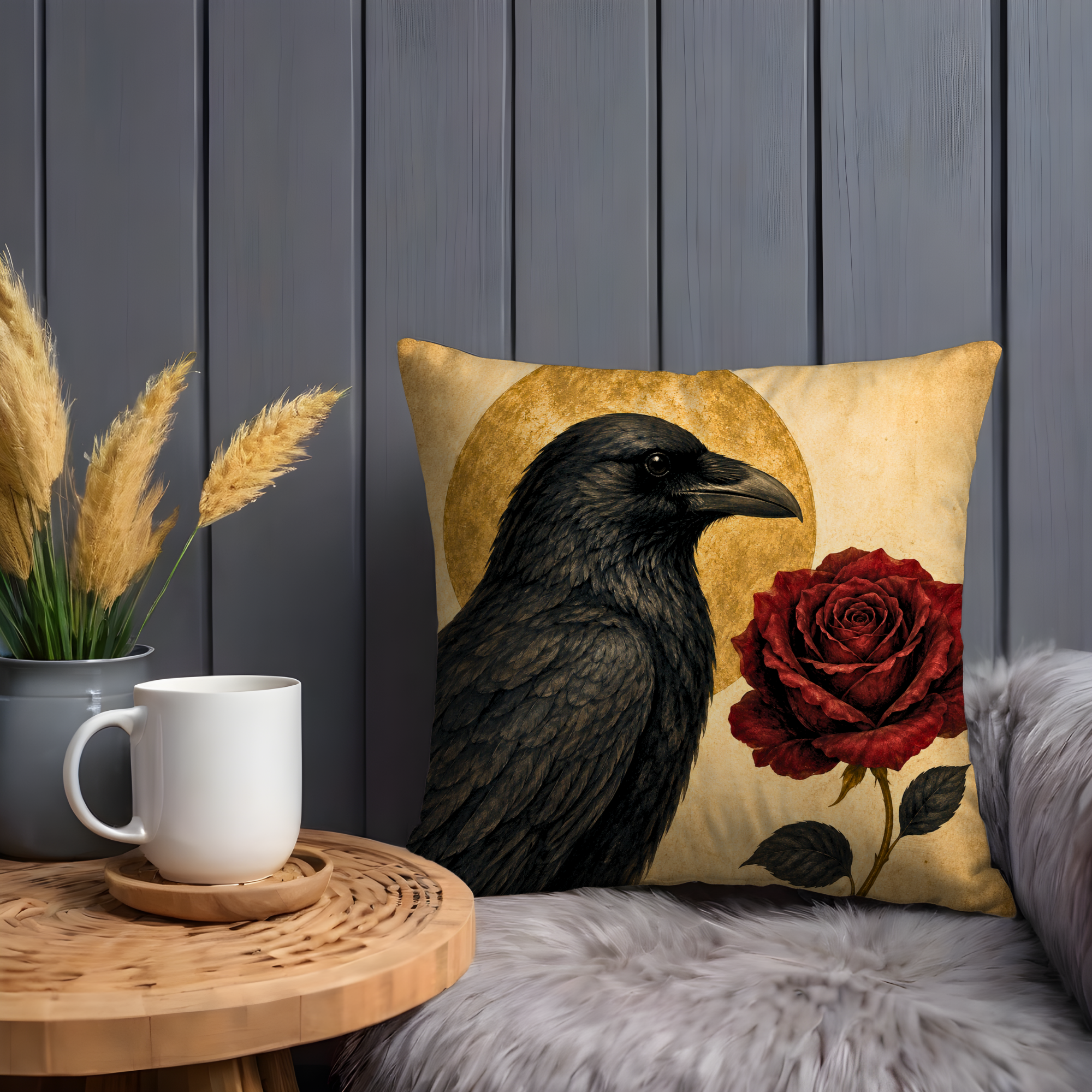 Raven Rose Pillow Cover | Gothic Moon Art | Dark Romantic Decor