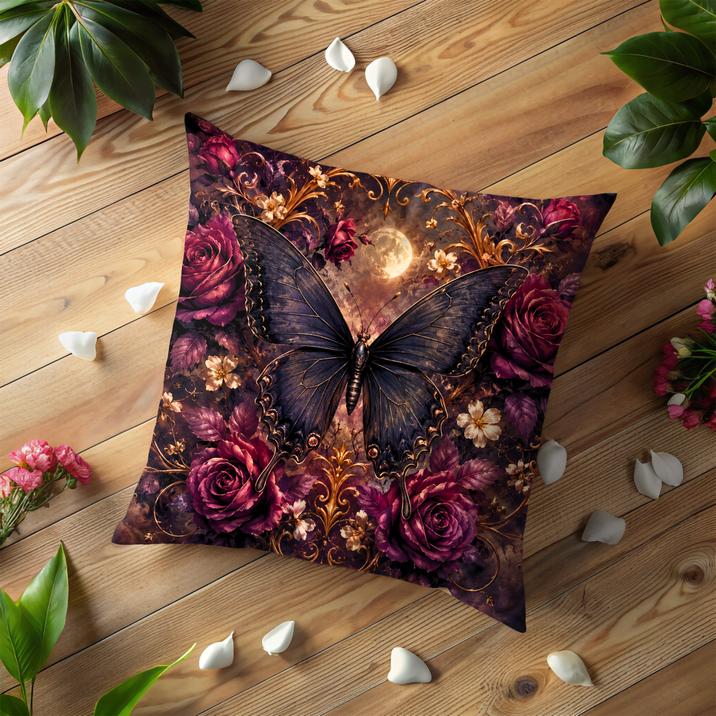Dark Butterfly Pillow Cover | Gothic Roses Moon Art | Luxe Fantasy Decor