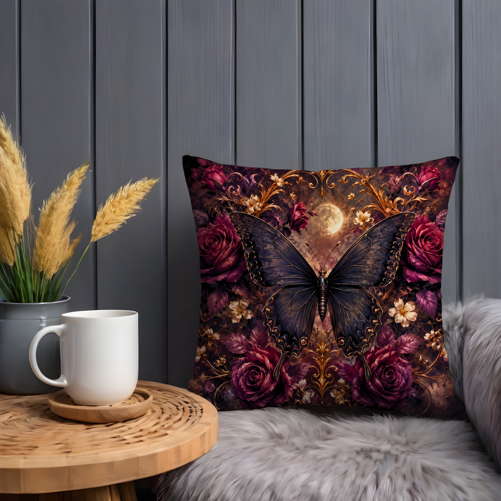 Dark Butterfly Pillow Cover | Gothic Roses Moon Art | Luxe Fantasy Decor