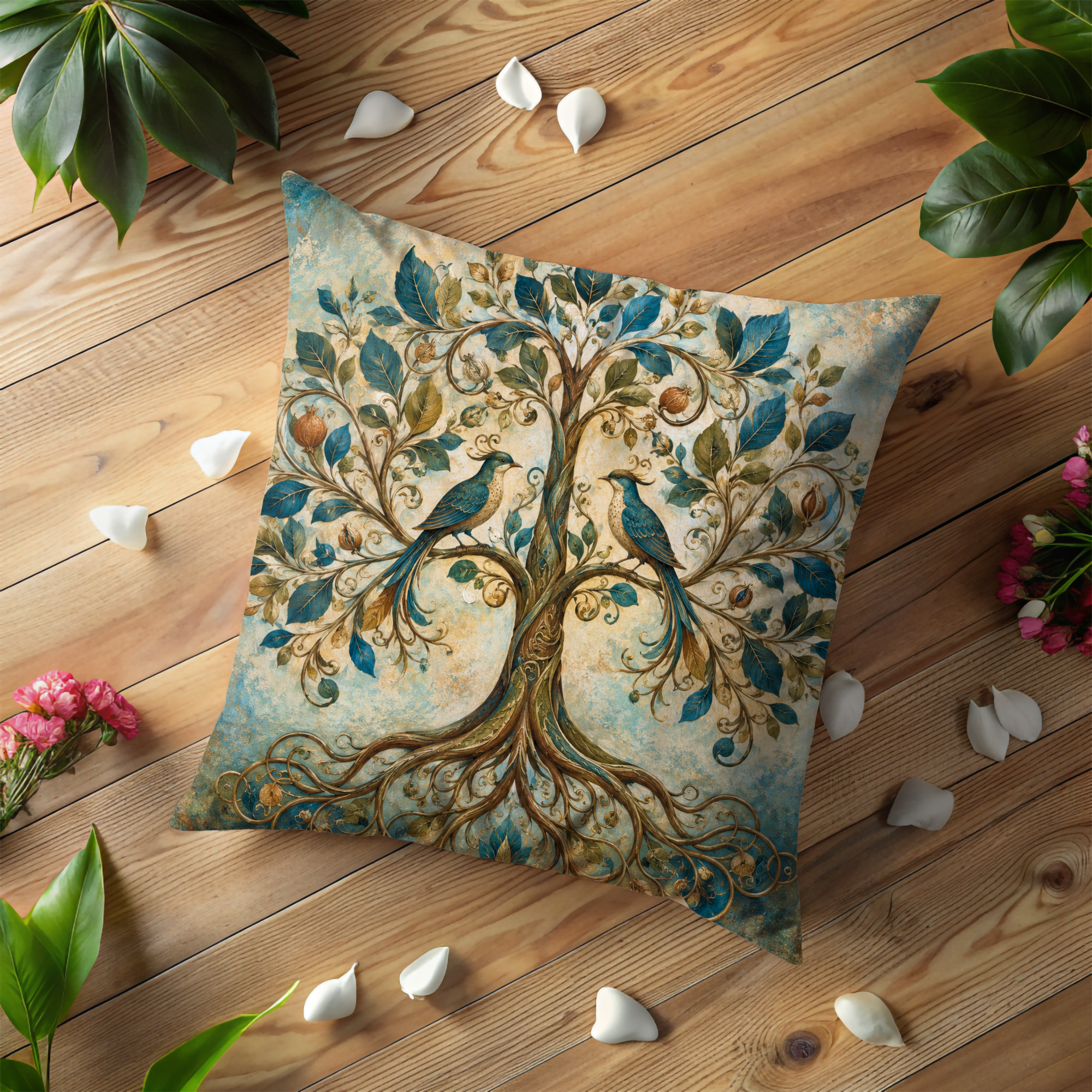 Tree of Life Pillow Cover | Birds Sacred Tree Art | Mystical Nature Decor