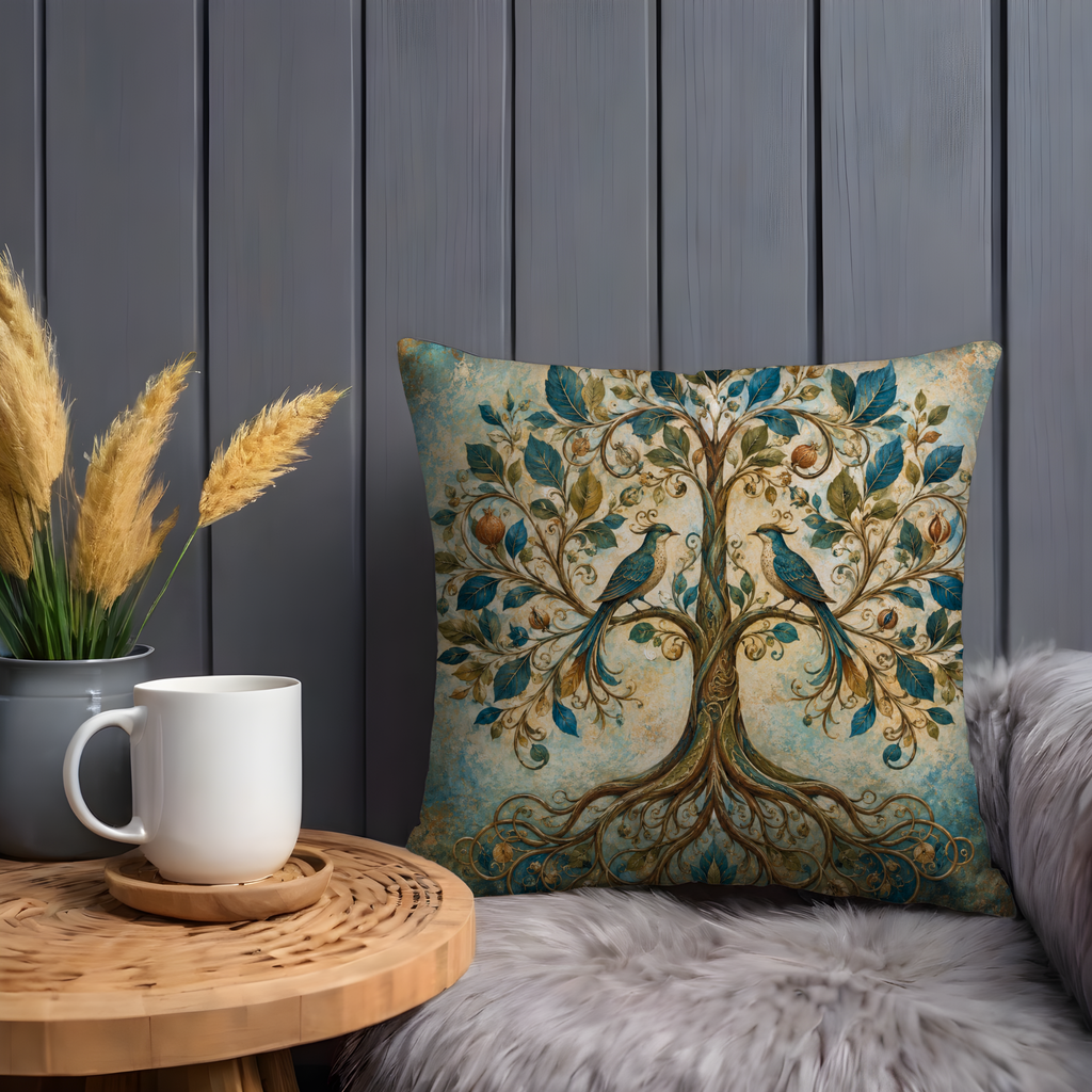 Tree of Life Pillow Cover | Birds Sacred Tree Art | Mystical Nature Decor