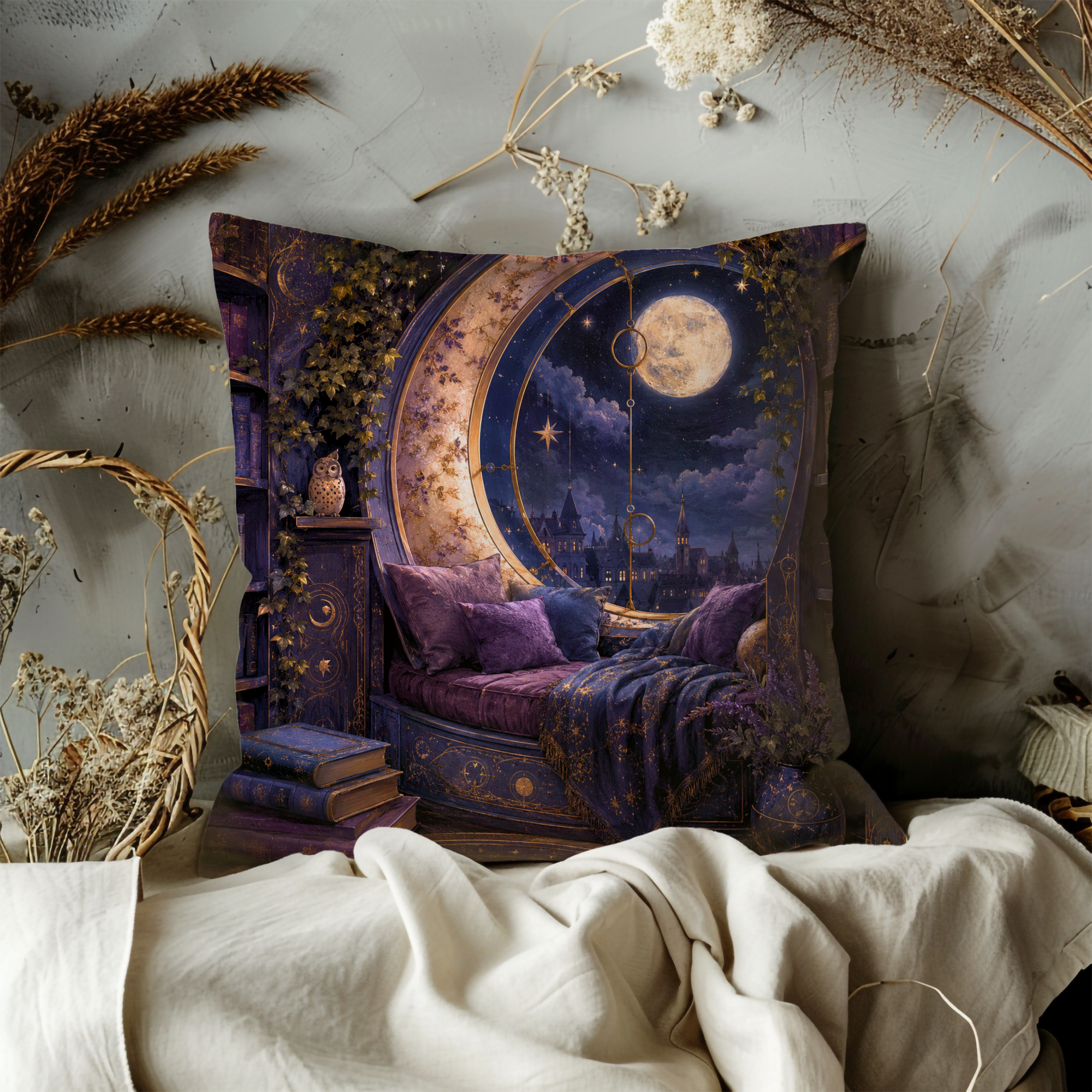 Moon Window Reading Nook Pillow Cover | Fantasy Cozy Art | Magical Decor