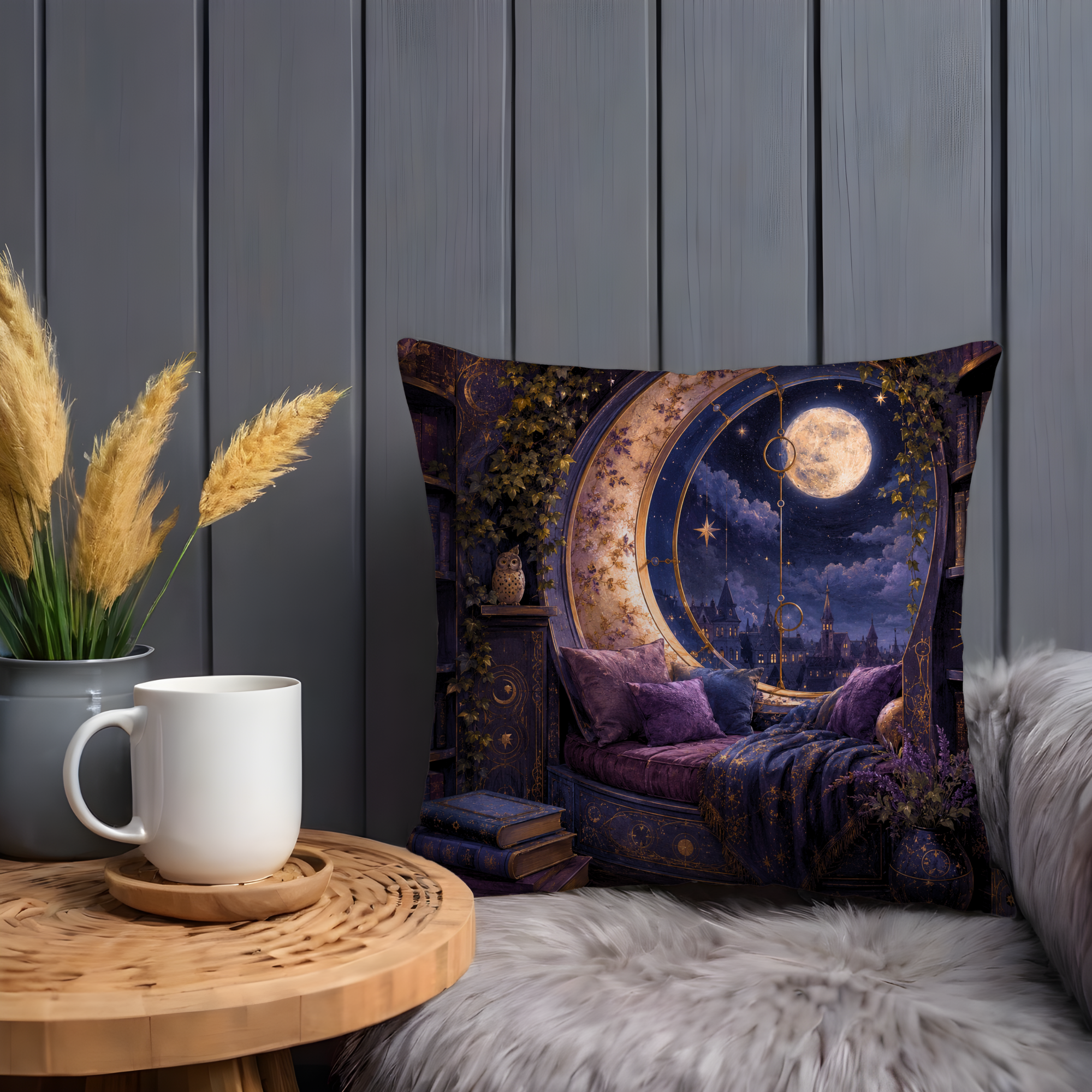 Moon Window Reading Nook Pillow Cover | Fantasy Cozy Art | Magical Decor