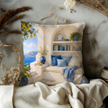 Mediterranean Reading Nook Pillow Cover | Greek Island Art | Cozy Sea View Decor