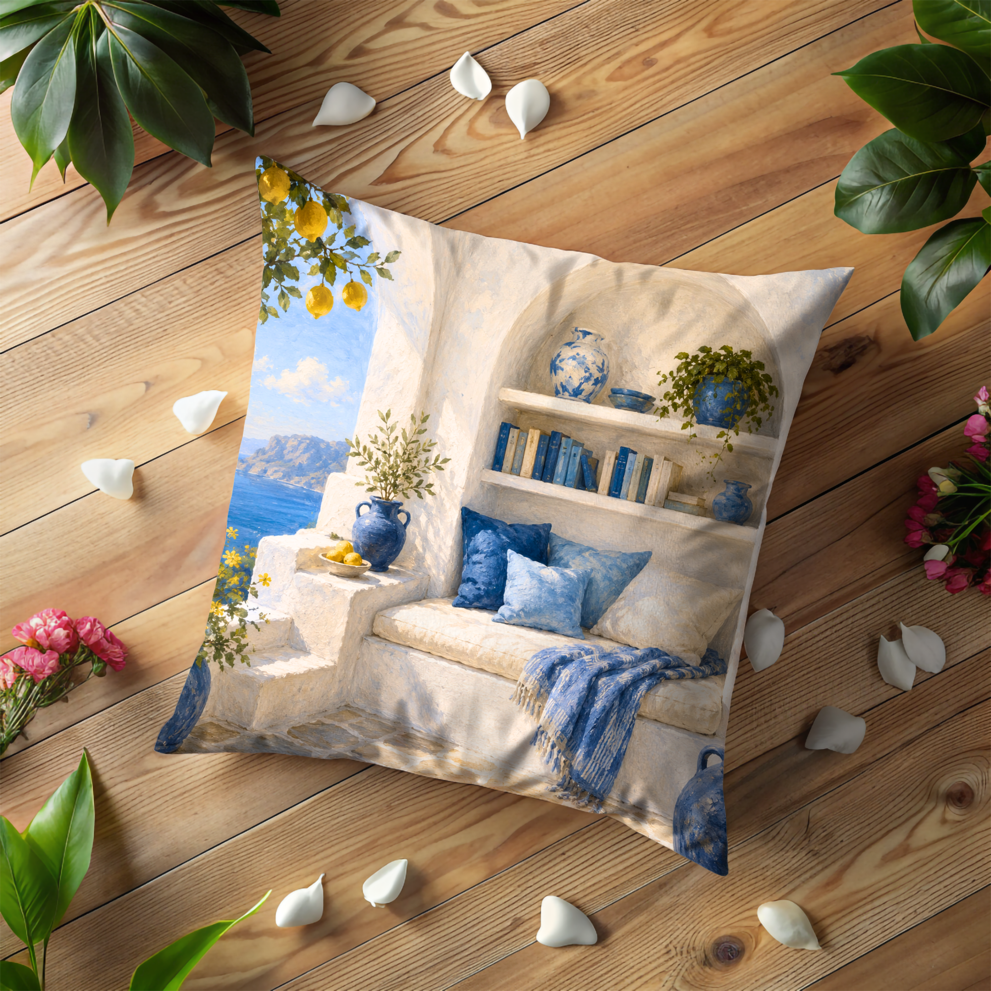 Mediterranean Reading Nook Pillow Cover | Greek Island Art | Cozy Sea View Decor