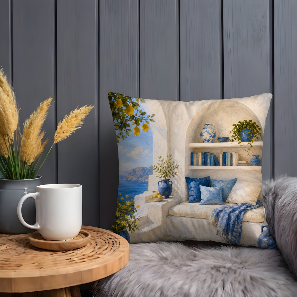 Mediterranean Reading Nook Pillow Cover | Greek Island Art | Cozy Sea View Decor