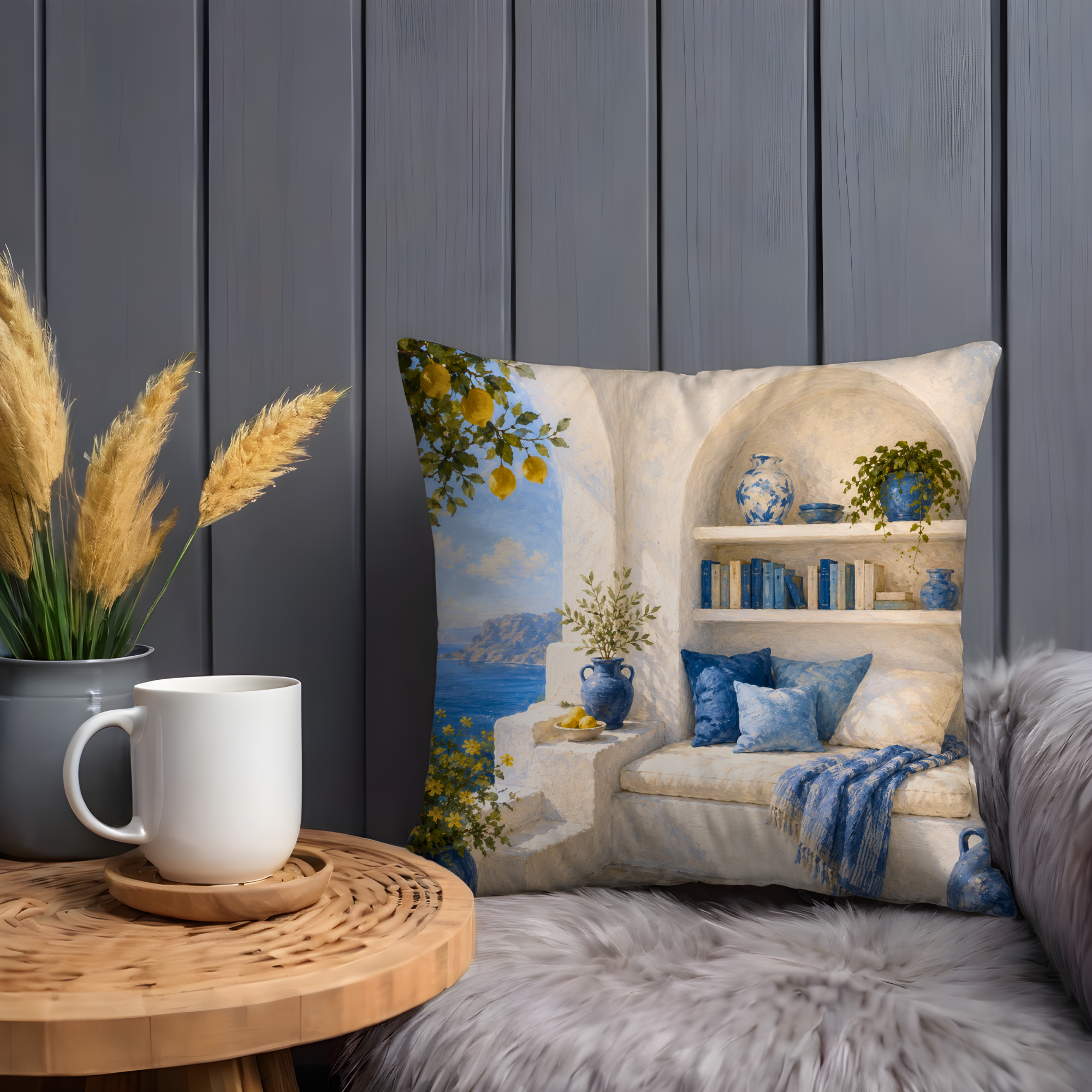 Mediterranean Reading Nook Pillow Cover | Greek Island Art | Cozy Sea View Decor