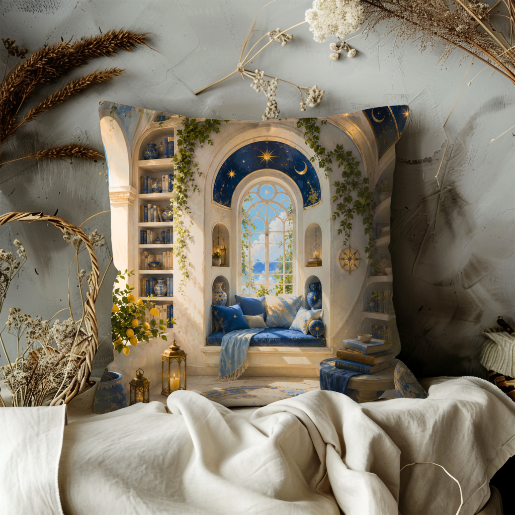 Magical Reading Nook Pillow Cover | Mediterranean Sea View Art | Cozy Fantasy Decor