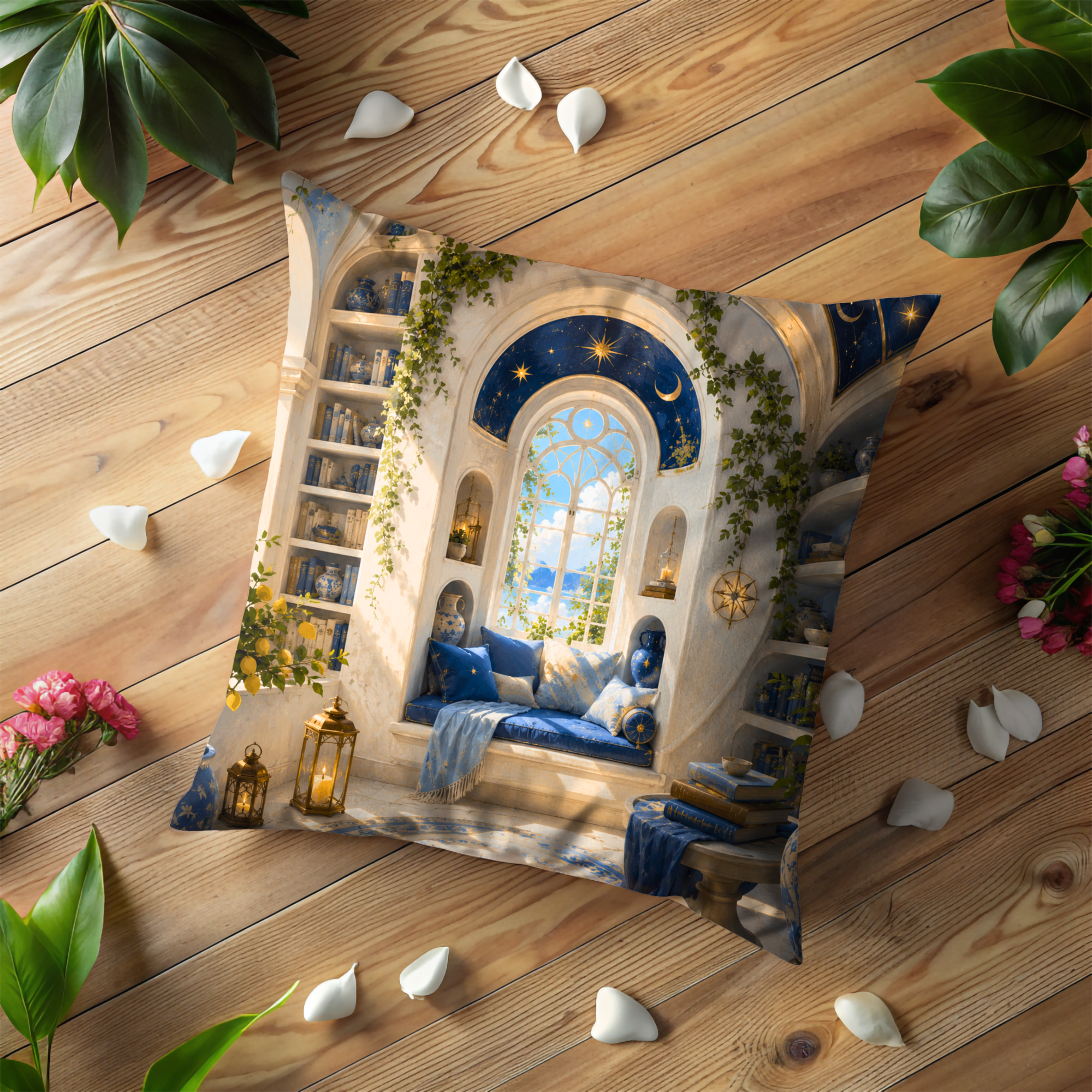 Magical Reading Nook Pillow Cover | Mediterranean Sea View Art | Cozy Fantasy Decor