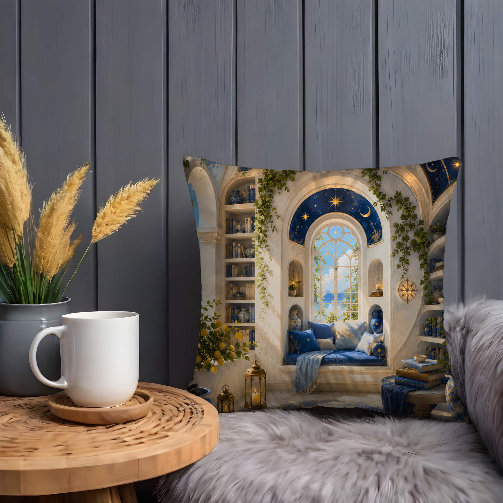 Magical Reading Nook Pillow Cover | Mediterranean Sea View Art | Cozy Fantasy Decor