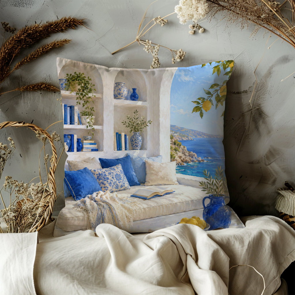 Mediterranean Reading Nook Pillow Cover | Greek Sea View Art | Cozy Island Decor