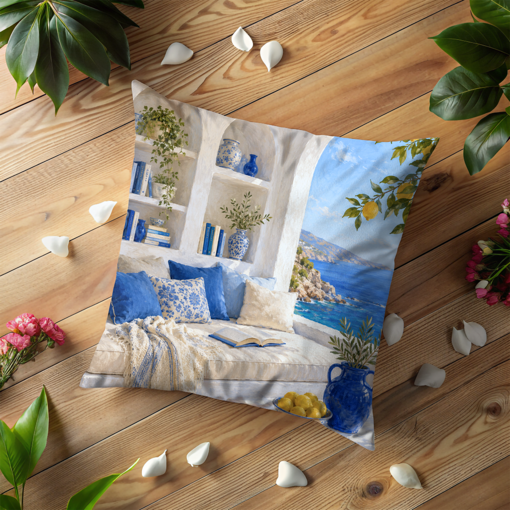Mediterranean Reading Nook Pillow Cover | Greek Sea View Art | Cozy Island Decor