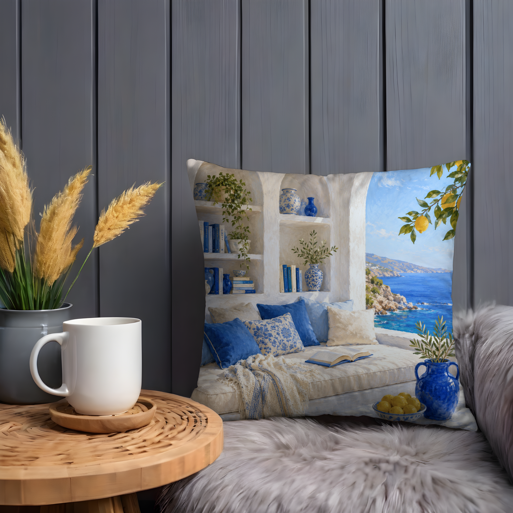 Mediterranean Reading Nook Pillow Cover | Greek Sea View Art | Cozy Island Decor