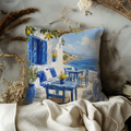 Greek Island Patio Pillow Cover | Blue White Sea View Art | Mediterranean Decor
