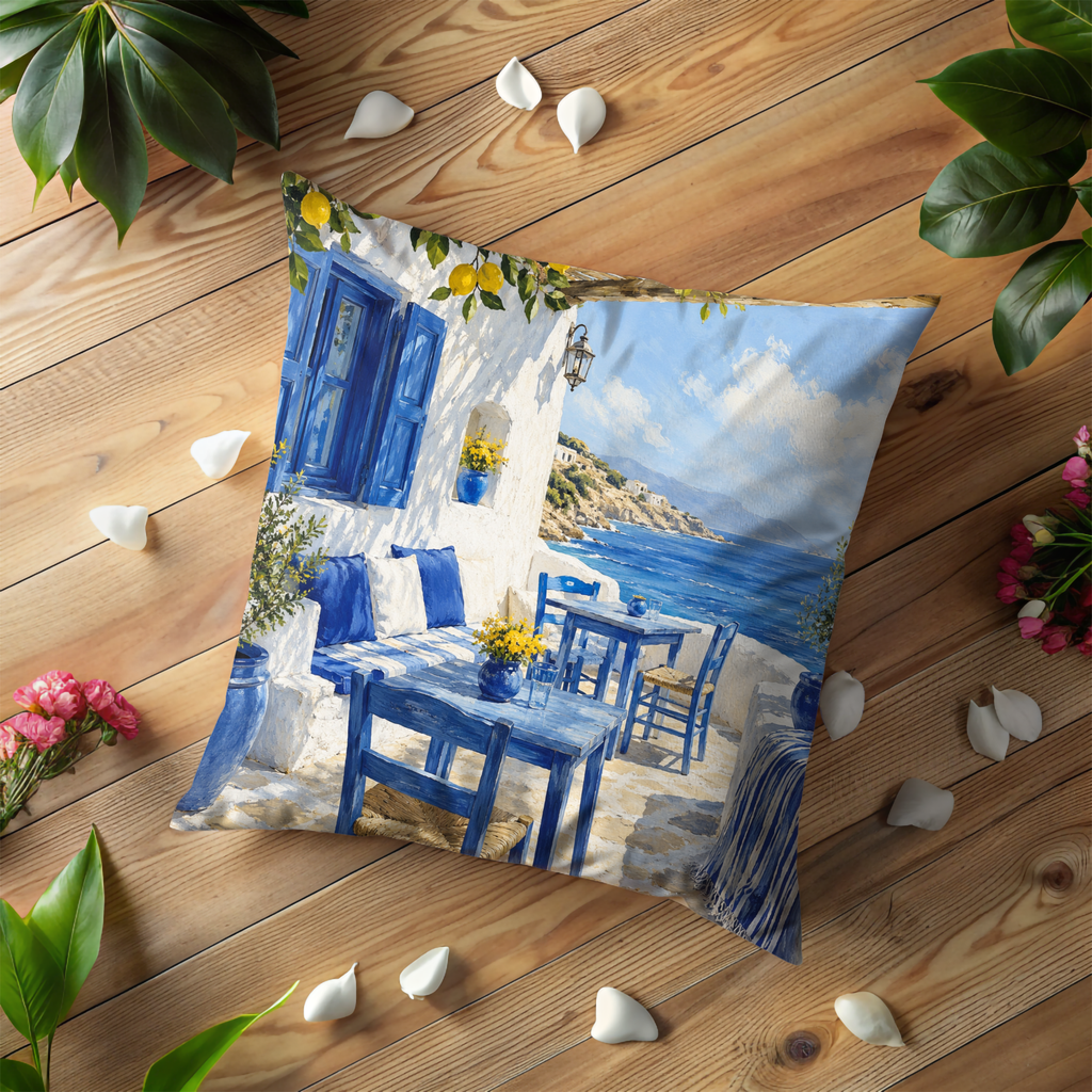 Greek Island Patio Pillow Cover | Blue White Sea View Art | Mediterranean Decor