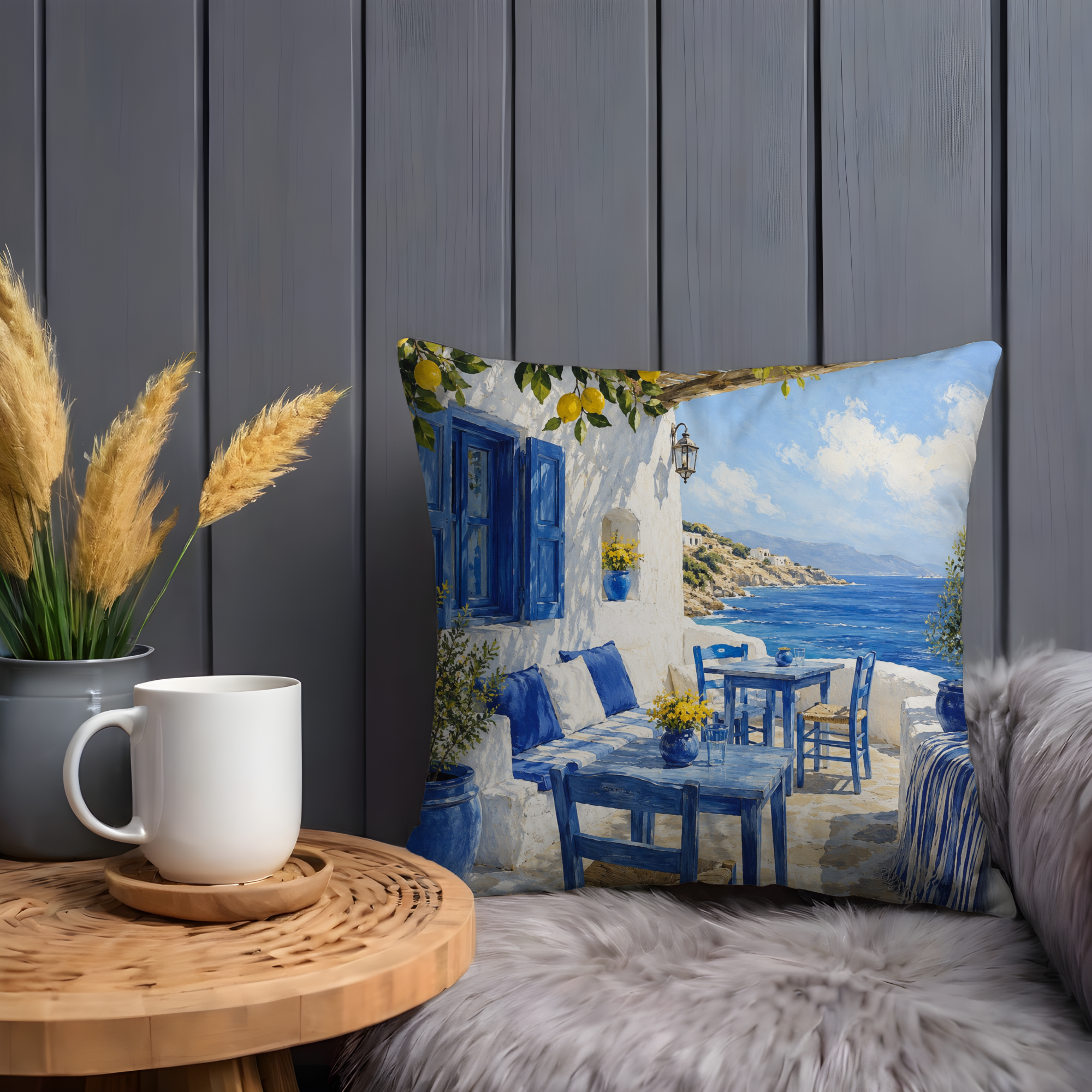 Greek Island Patio Pillow Cover | Blue White Sea View Art | Mediterranean Decor