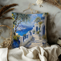 Greek Island Street Pillow Cover | Blue White Sea View Art | Mediterranean Decor