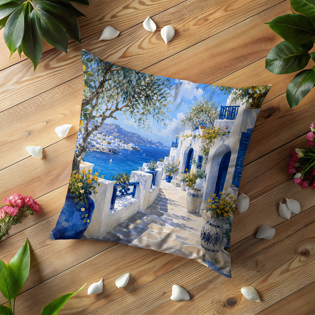 Greek Island Street Pillow Cover | Blue White Sea View Art | Mediterranean Decor