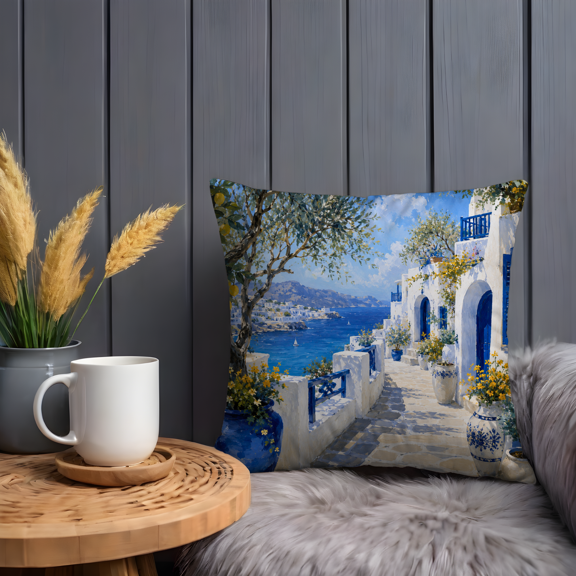 Greek Island Street Pillow Cover | Blue White Sea View Art | Mediterranean Decor