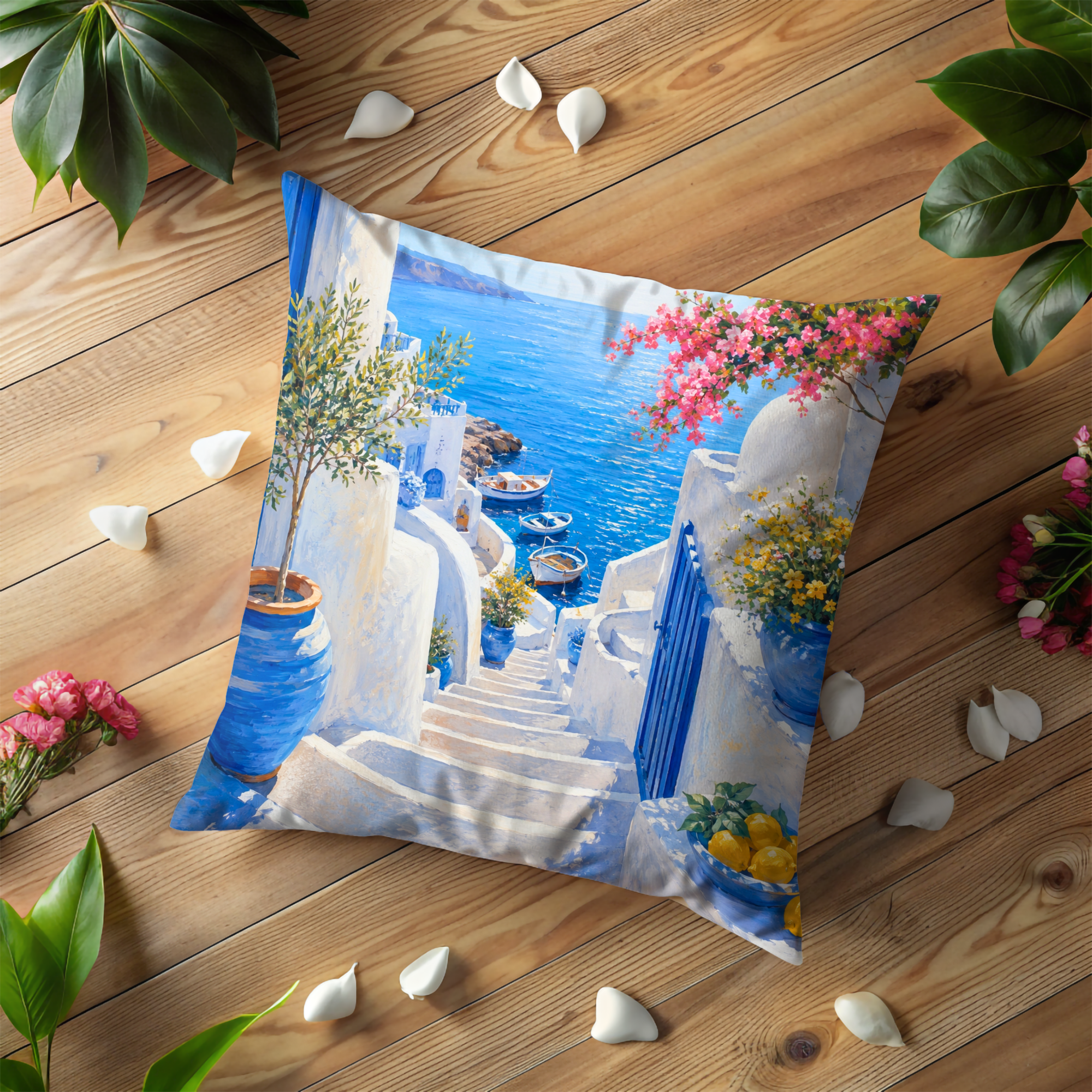 Greek Island Street Pillow Cover | Blue White Sea View Art | Mediterranean Decor