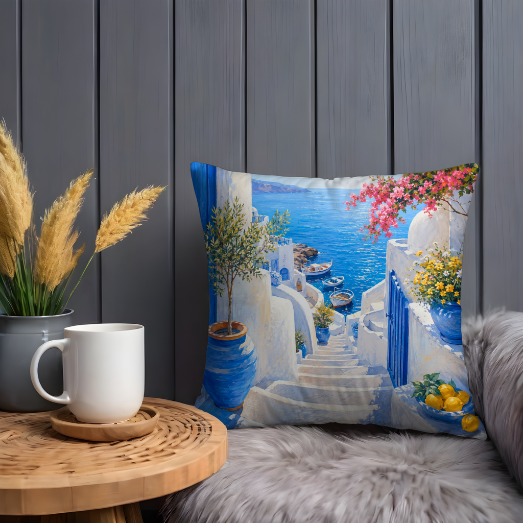 Greek Island Street Pillow Cover | Blue White Sea View Art | Mediterranean Decor