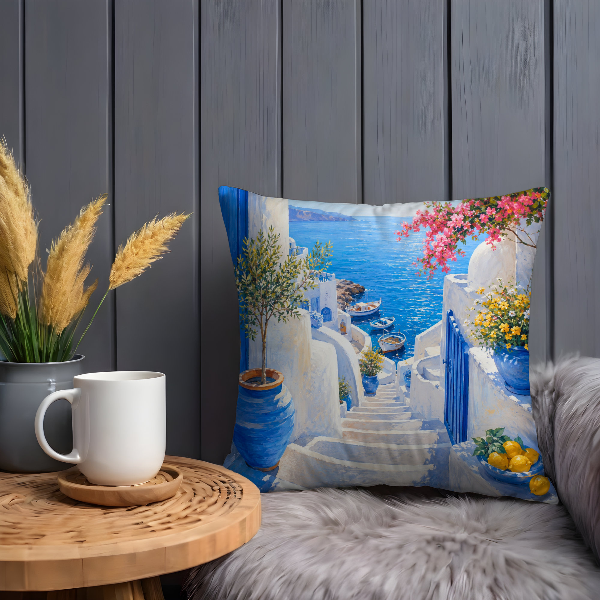 Greek Island Street Pillow Cover | Blue White Sea View Art | Mediterranean Decor