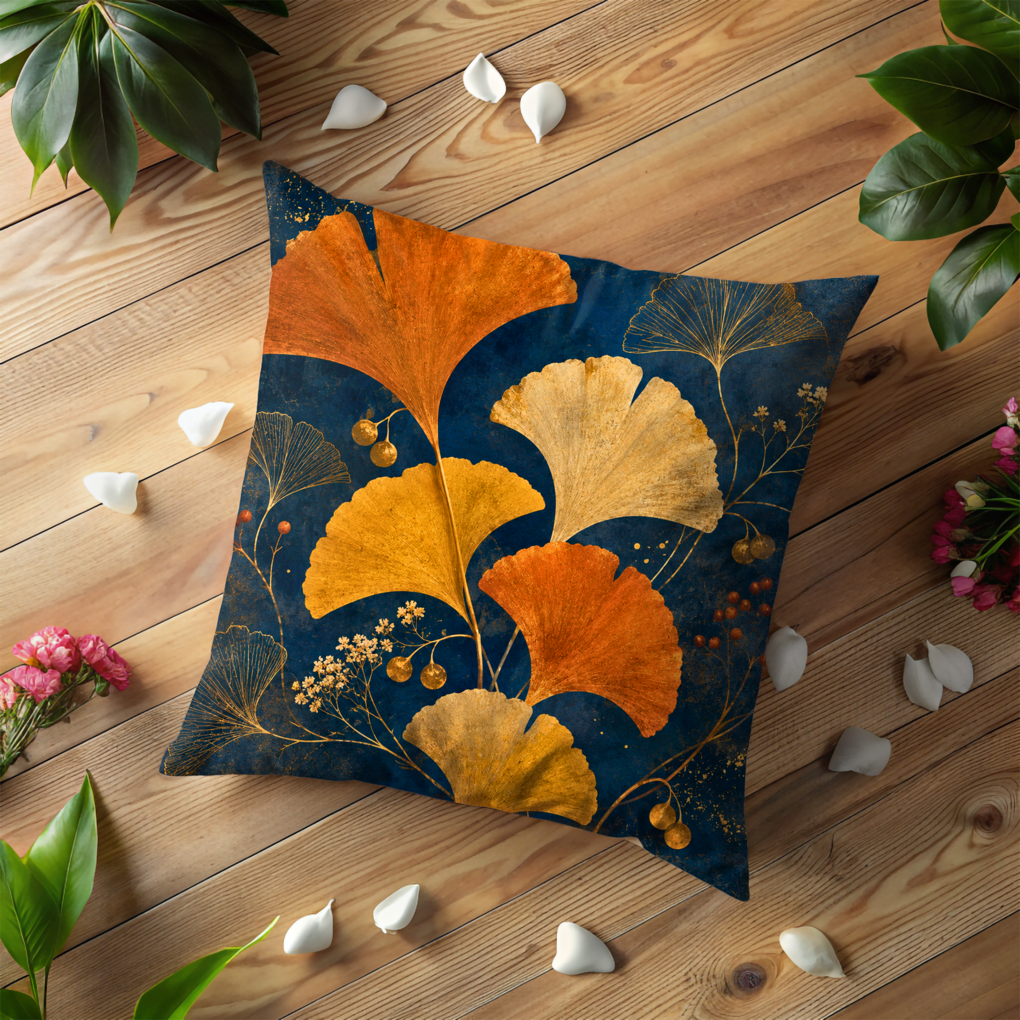 Ginkgo Pillow Cover | Navy Gold Fan Leaf Art | Fall Decor