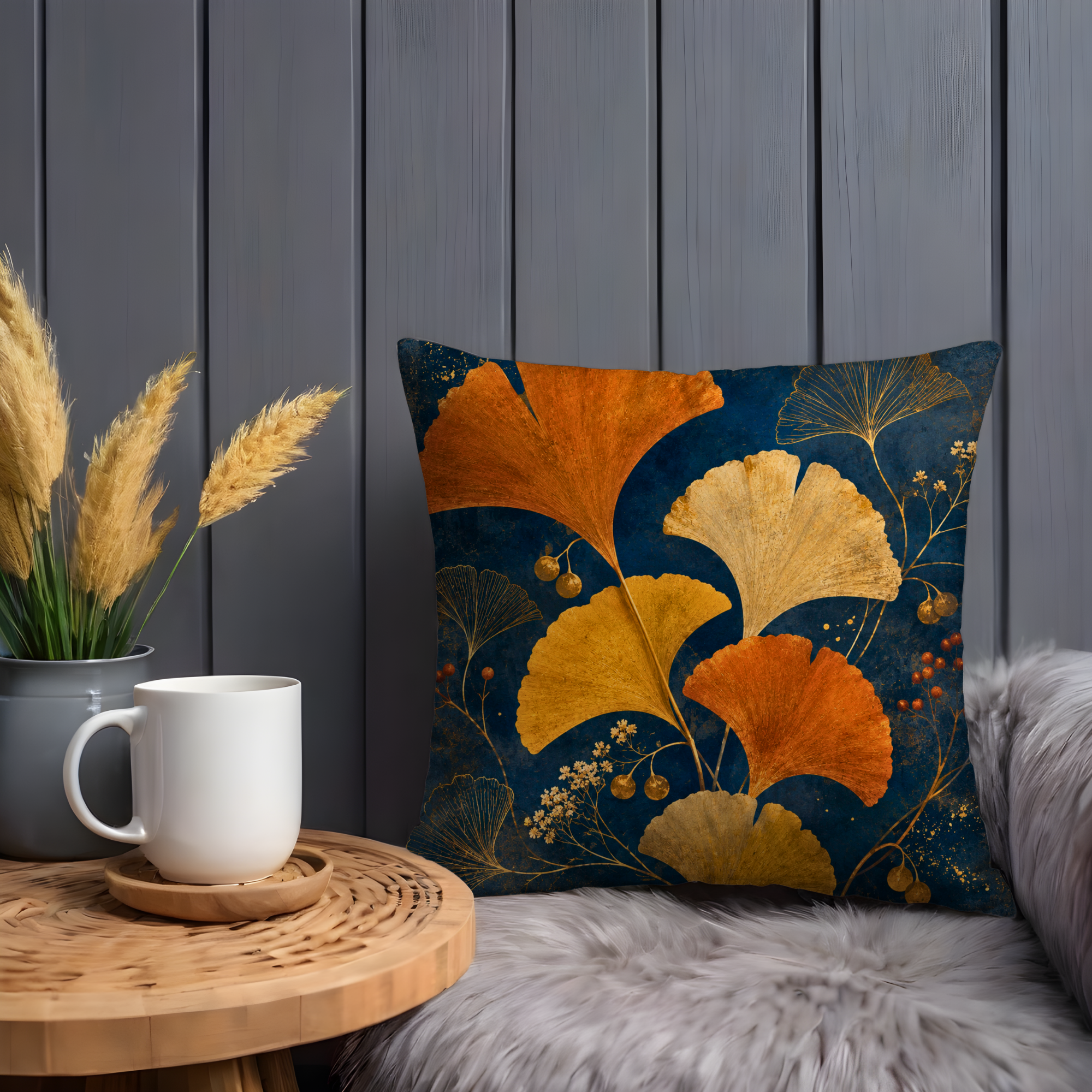 Ginkgo Pillow Cover | Navy Gold Fan Leaf Art | Fall Decor