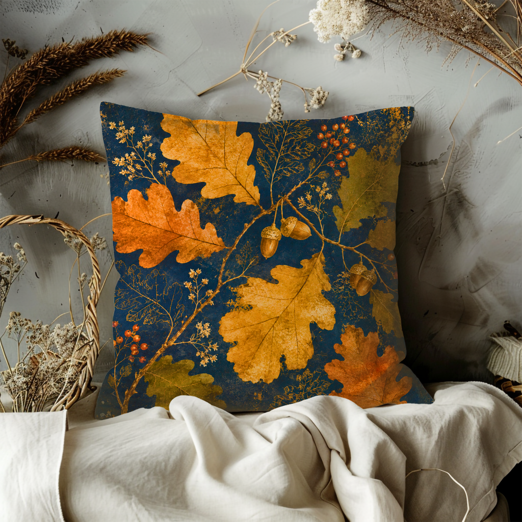 Oak Acorn Pillow Cover | Navy Gold Botanical Art | Woodland Decor