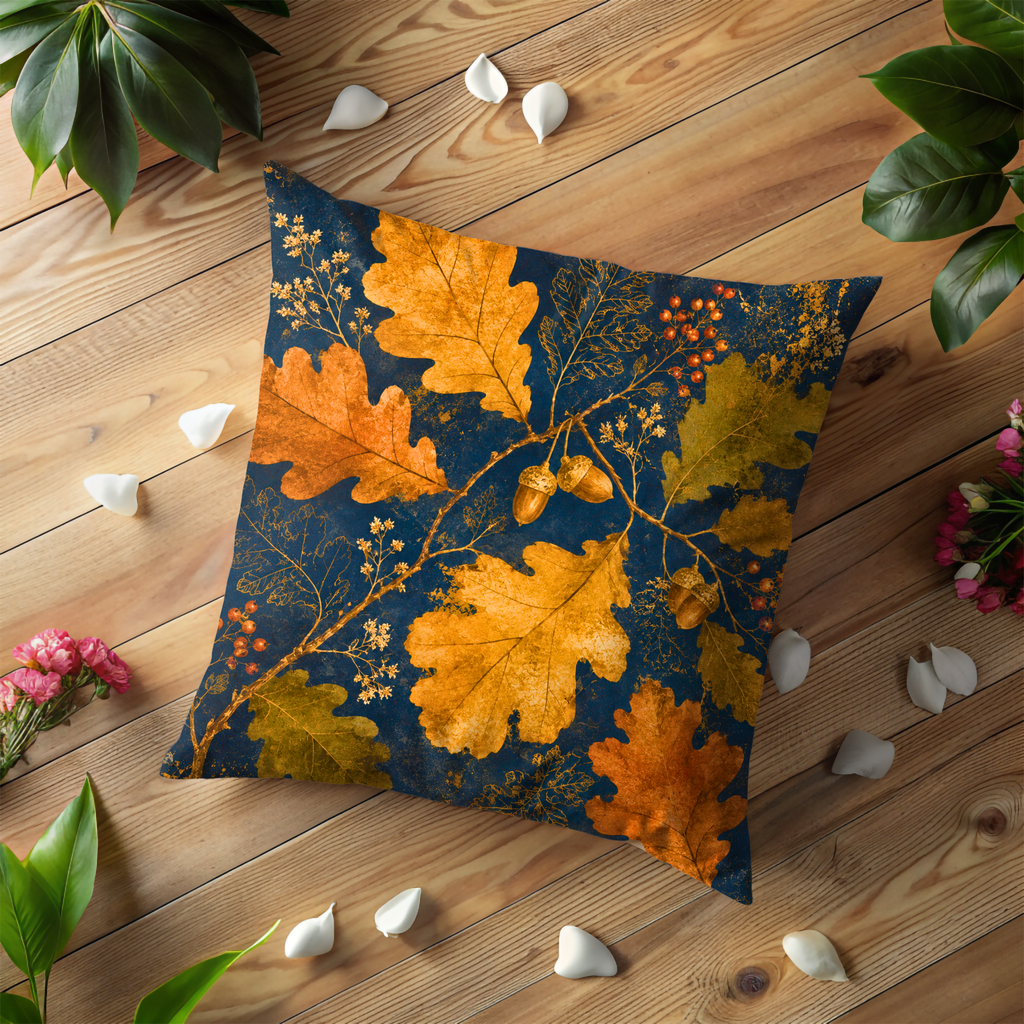 Oak Acorn Pillow Cover | Navy Gold Botanical Art | Woodland Decor