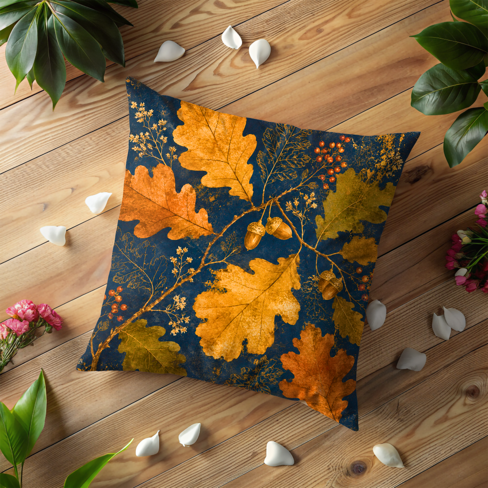 Oak Acorn Pillow Cover | Navy Gold Botanical Art | Woodland Decor